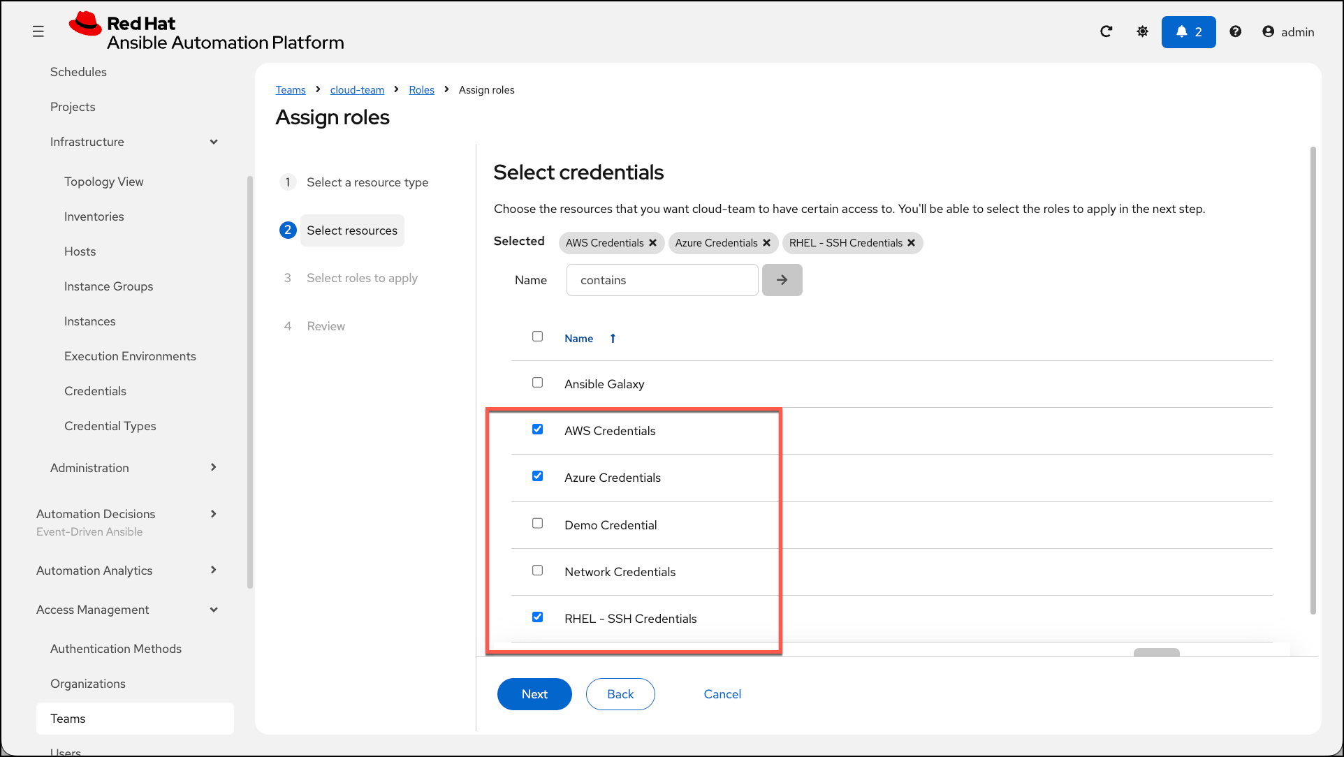 Credential selection screen showing checkboxes for 'AWS Credential'