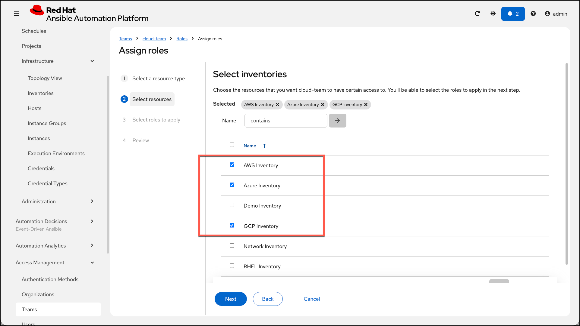 Inventory selection screen showing checkboxes for 'AWS Inventory'
