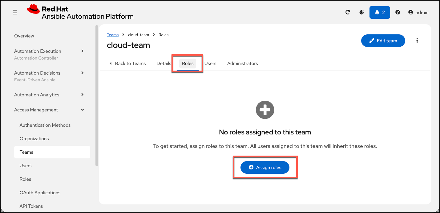Roles tab for cloud-team showing list of currently assigned roles (initially empty) and blue 'Assign roles' button in top right to add new permissions. Click this button to start the multi-step role assignment workflow for job templates