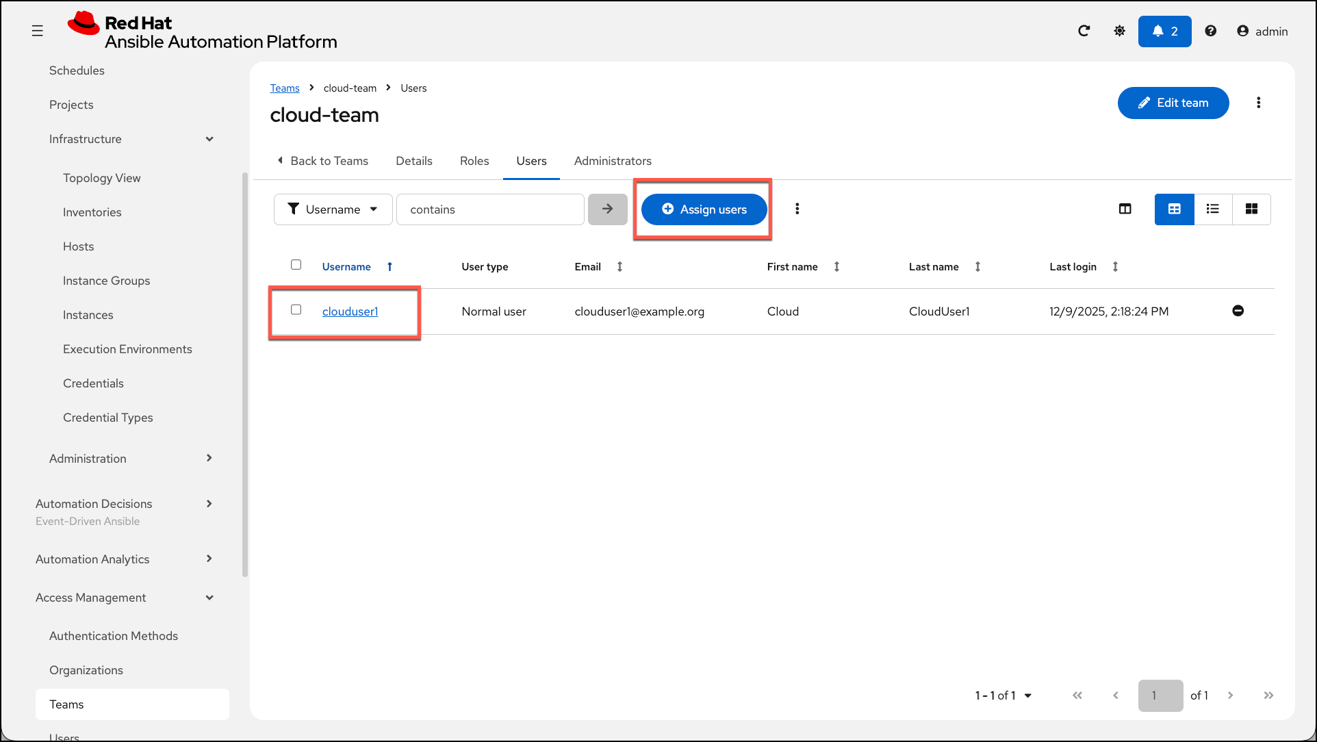Users tab for cloud-team showing current team members list (initially empty) and blue 'Assign users' button in top right. Click button to open user selection dialog where you can select 'clouduser1' from available users and click 'Assign users' to add them to cloud-team