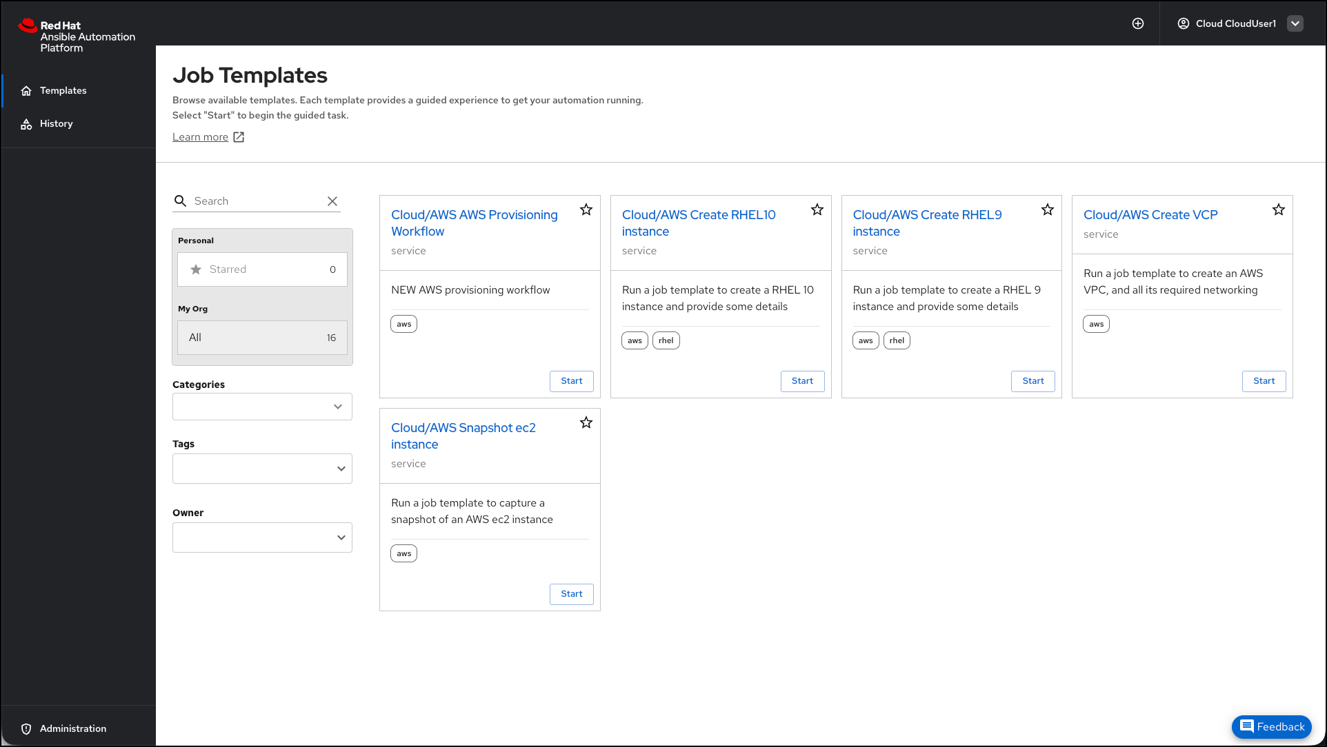 Self-Service Portal as clouduser1: Portal header shows logged-in user is 'clouduser1'. Template area displays ONLY Cloud/AWS templates including 'Cloud/AWS Create Instance'