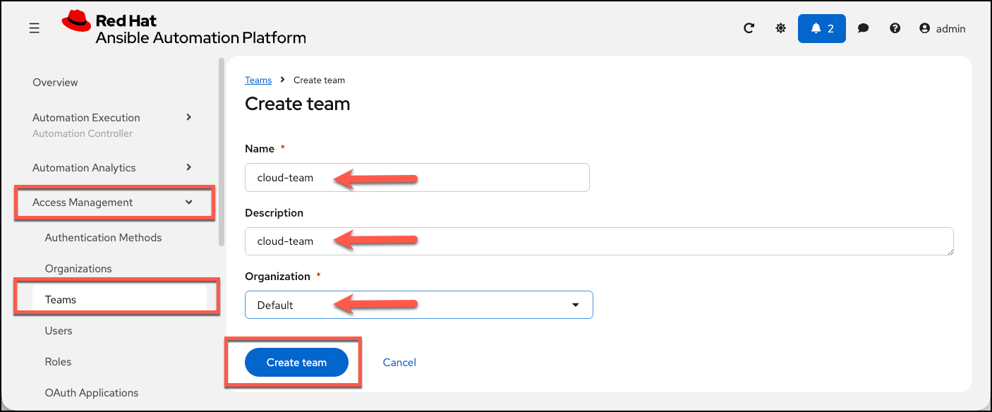 Create Team dialog showing: Name field (text input for team name like 'cloud-team')