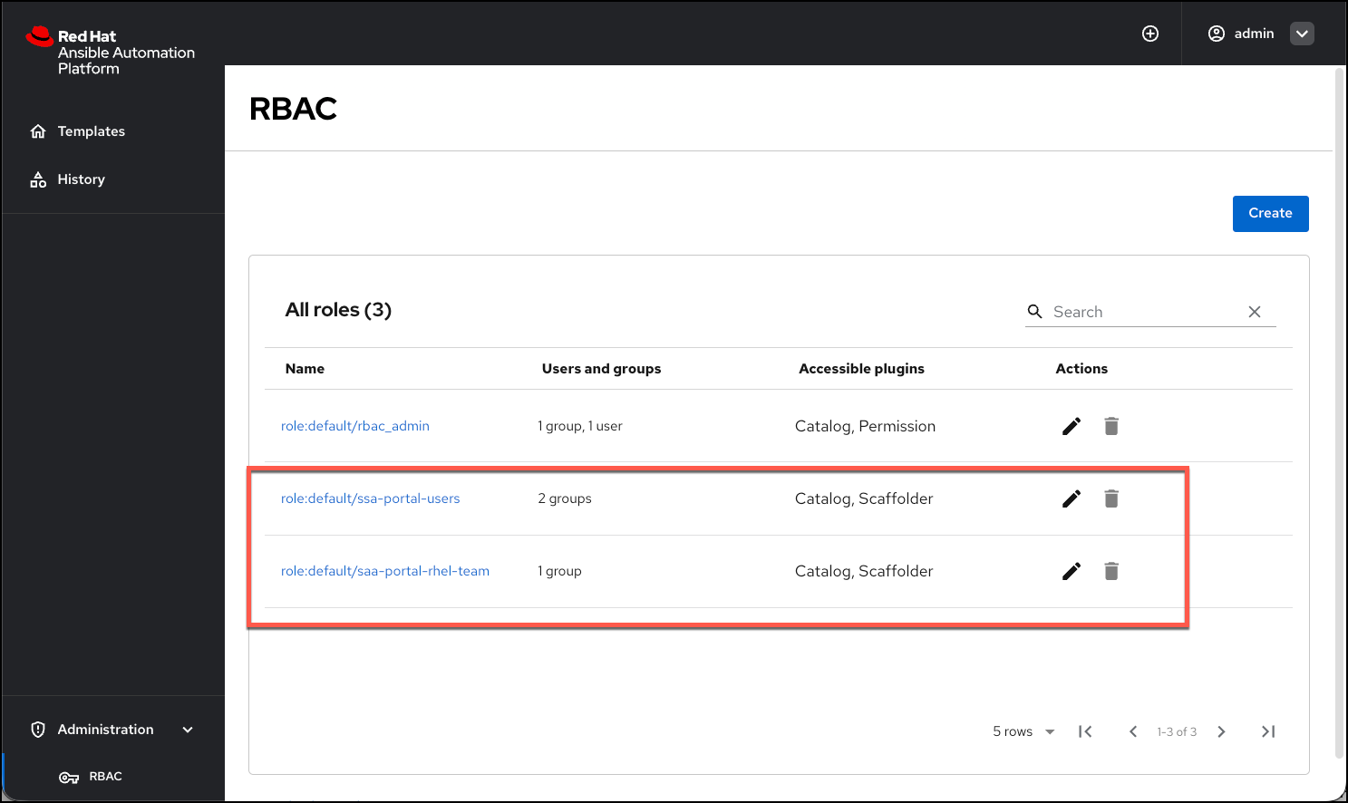 RBAC policies list showing two completed policies: 'ssa-portal-users' with description 'Role for Cloud and Network teams' assigned to 2 groups (cloud-team