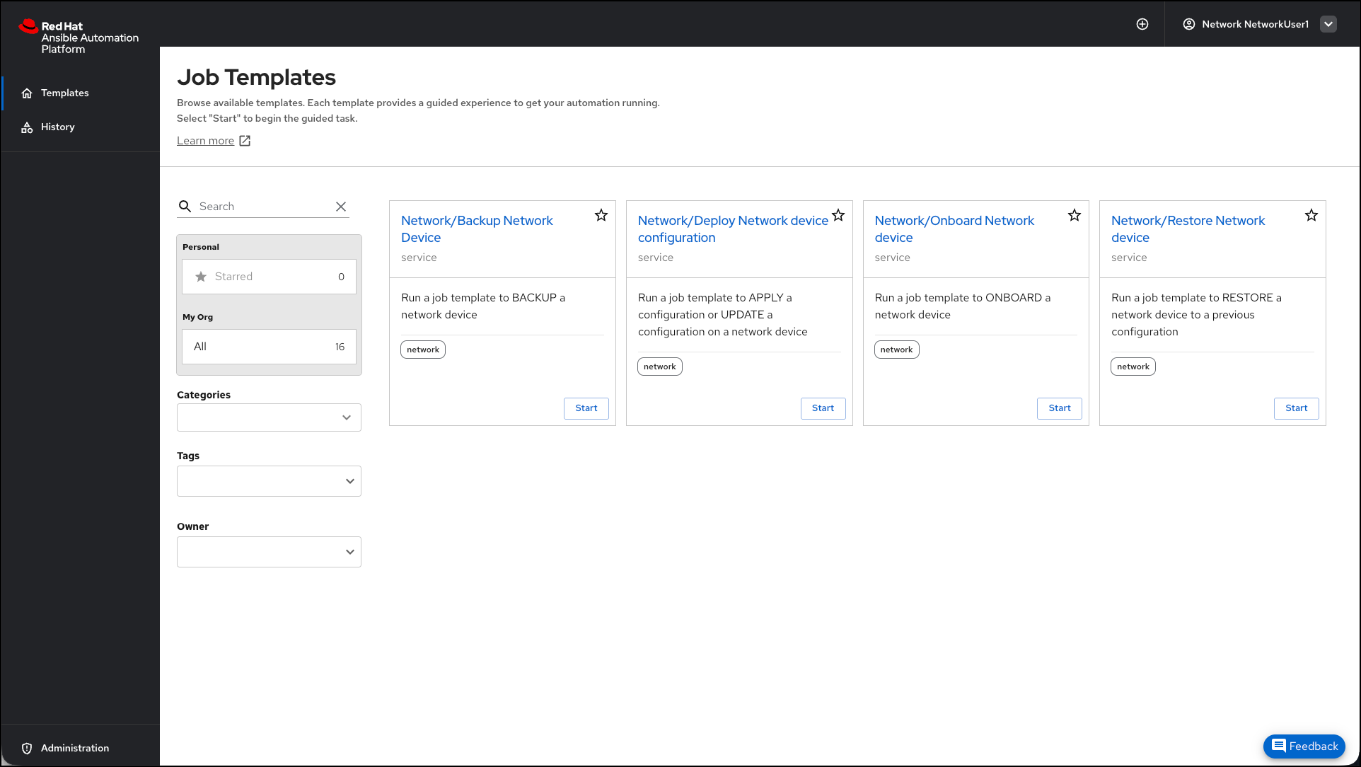 Self-Service Portal as networkuser1: Header shows 'networkuser1' logged in. Template area displays ONLY Network job templates such as 'Network/Configure Switch'