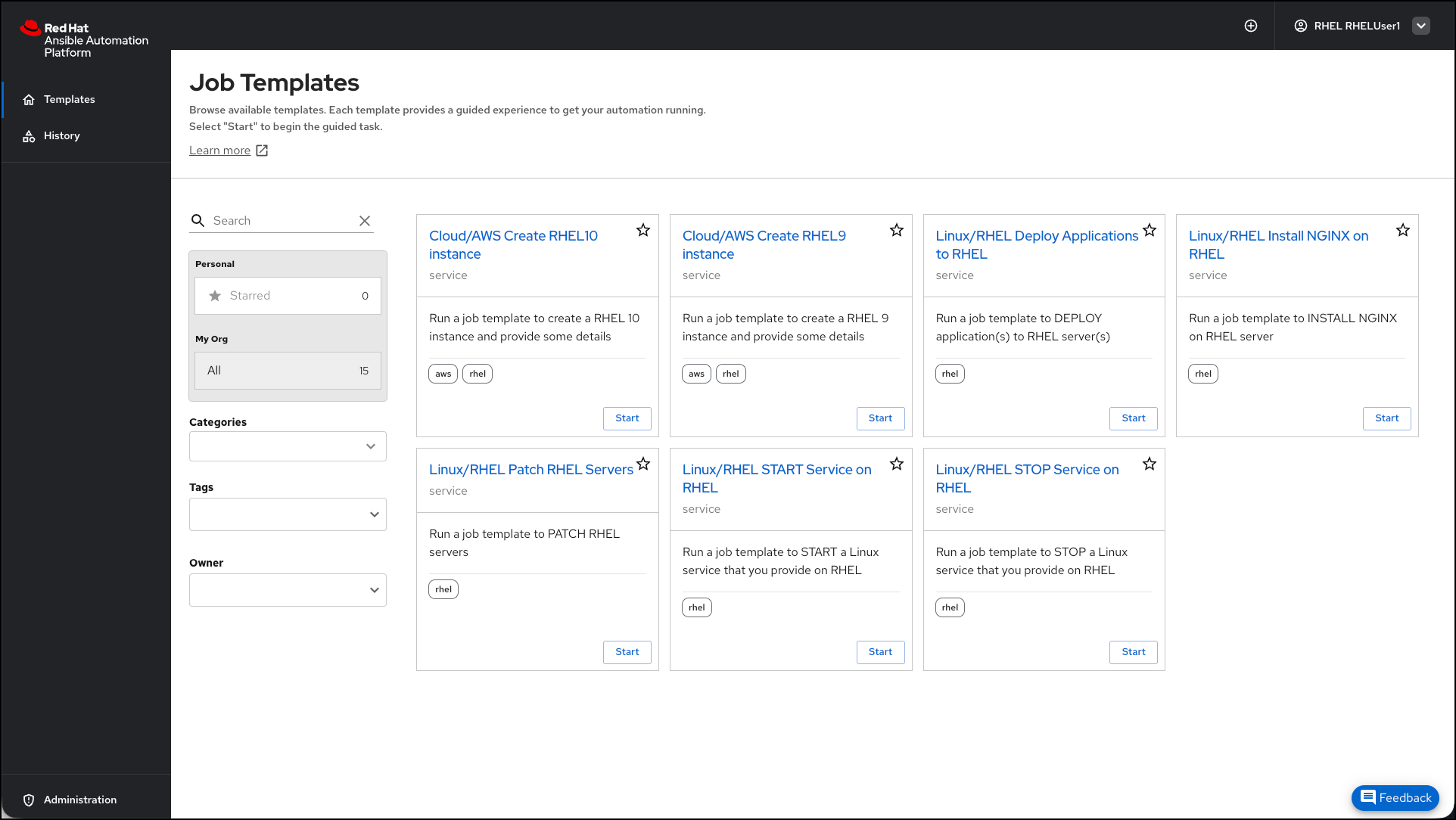 Self-Service Portal as rheluser1: Header shows 'rheluser1' logged in. Template area displays RHEL job templates like 'Linux/RHEL START Service'