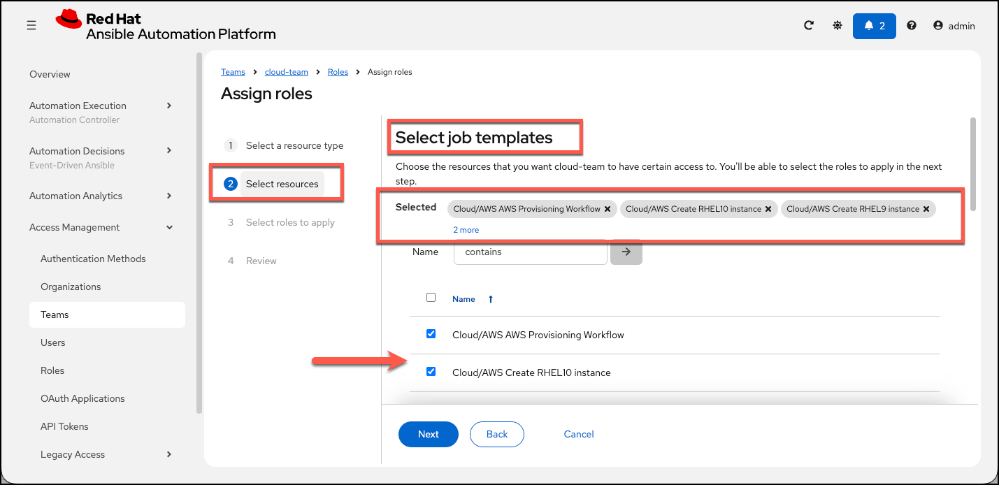 Resource Selection step showing checkboxes next to multiple Cloud/AWS job templates including 'Cloud/AWS Create Instance'