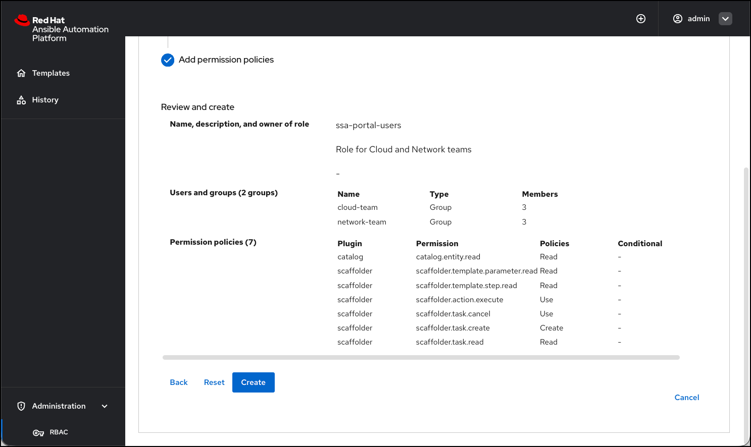 RBAC role creation wizard for ssa-portal-users: Name field shows 'ssa-portal-users'
