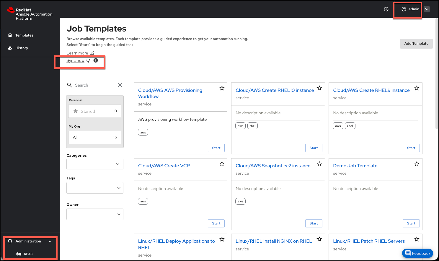 Self-Service Portal home page as admin user: Top header shows 'Self-Service Portal' title and logged-in username. Left navigation includes Administration and Catalog menu items. Main content area displays job template tiles grouped by category - Cloud/AWS templates shown with blue styling