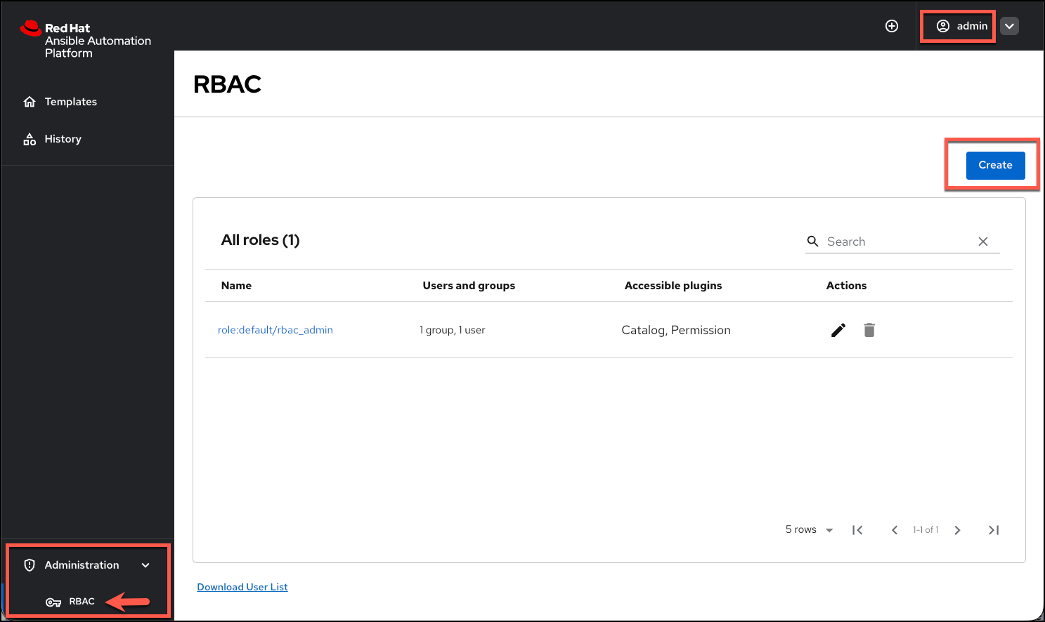 Self-Service Portal Administration menu: Click 'Administration' in bottom left corner to expand menu showing options including 'RBAC'