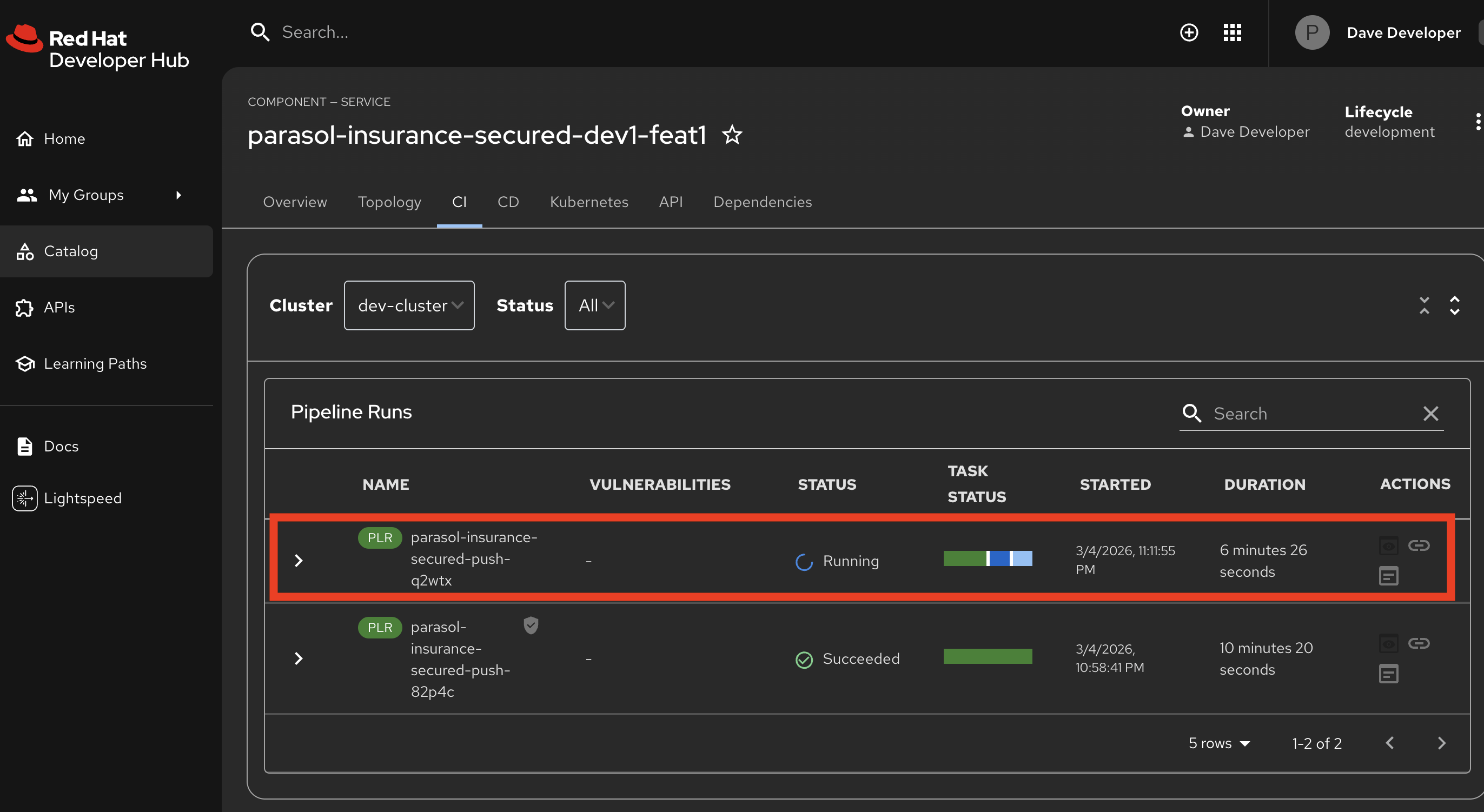 Developer Hub CI view showing the secure build pipeline with ACS scan
