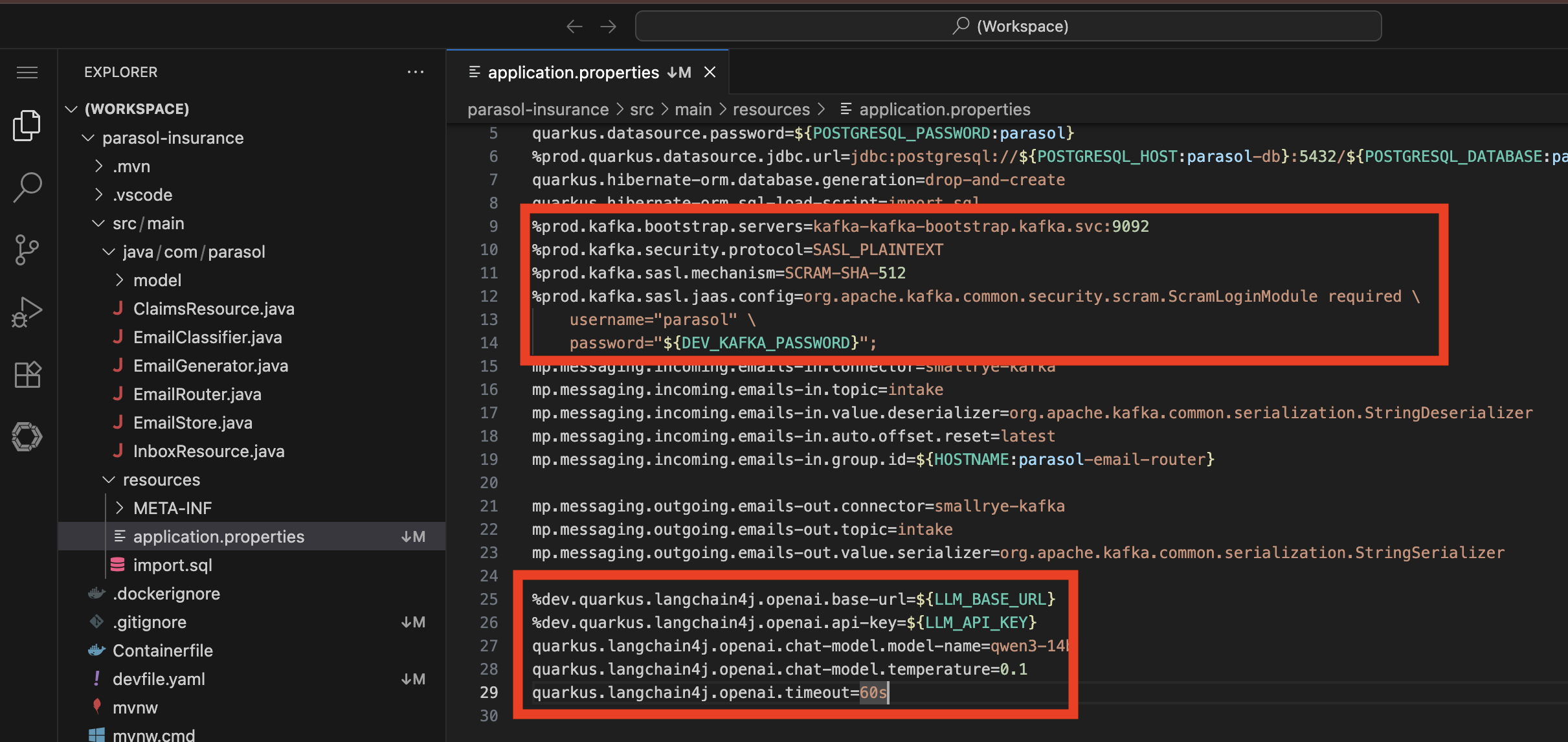 DevSpaces IDE showing application.properties with LLM_BASE_URL and LLM_API_KEY and DEV_KAFKA_PASSWORD environment variable references