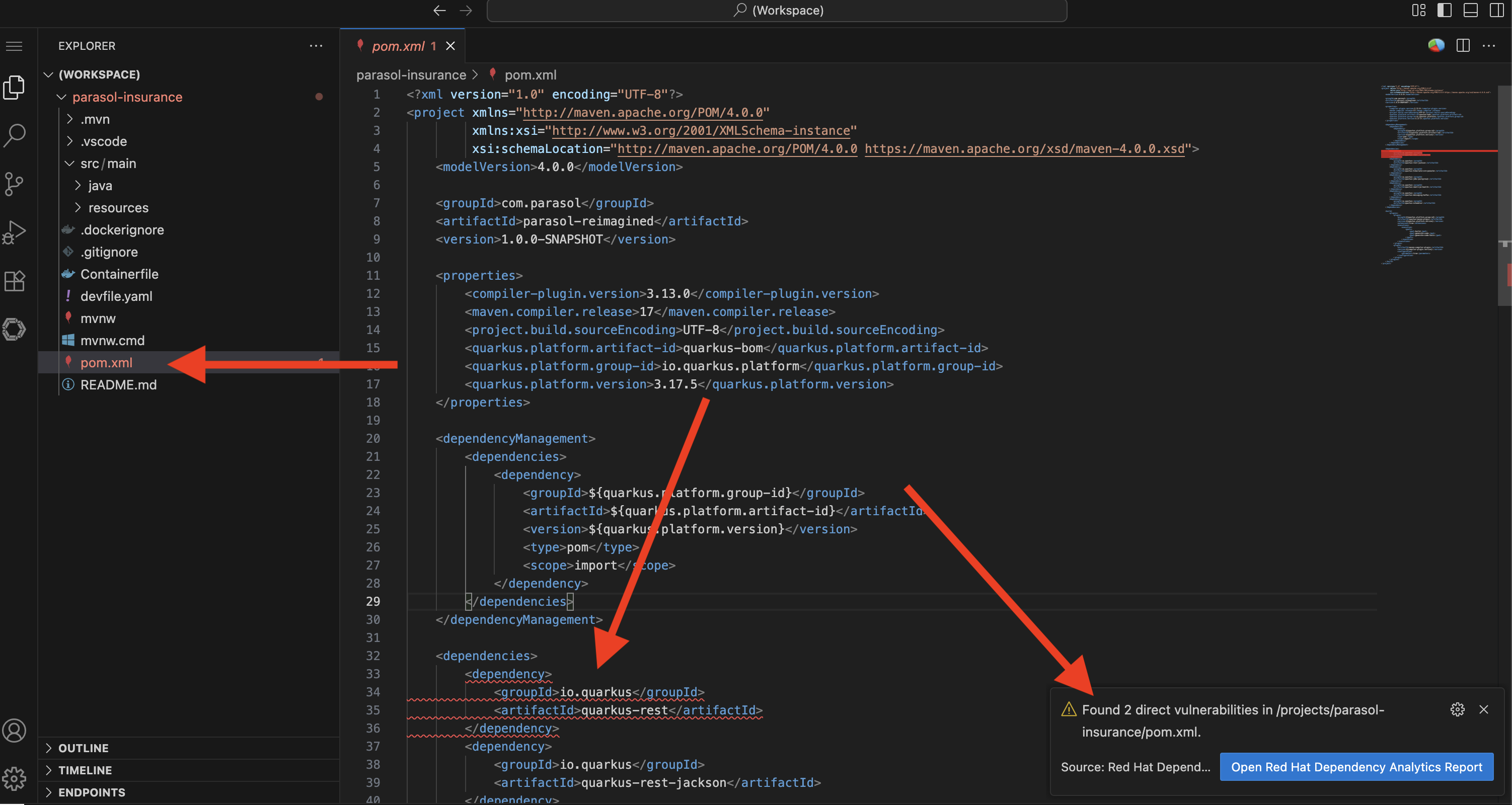 DevSpaces IDE showing Dependency Analytics report highlighting the unnecessary quarkus-rest dependency