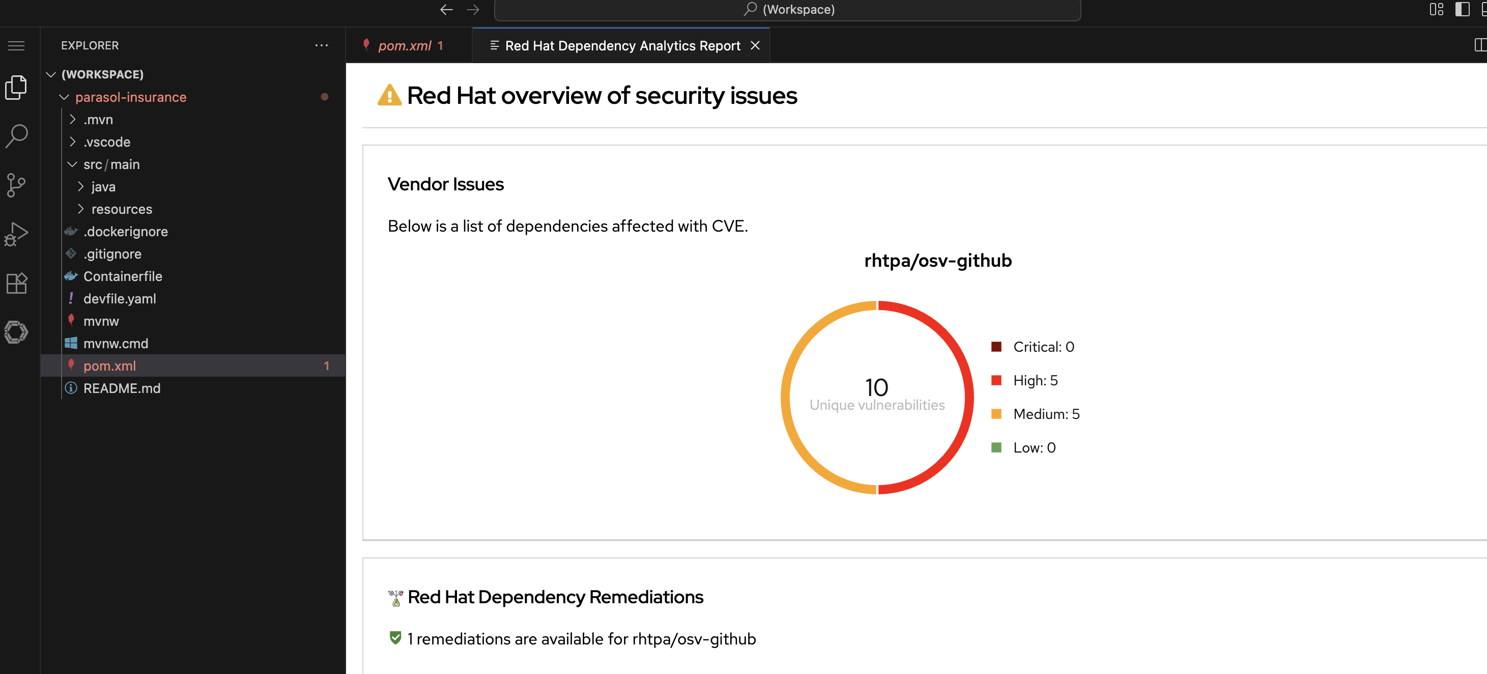 DevSpaces IDE showing Dependency Analytics report highlighting the unnecessary quarkus-rest dependency