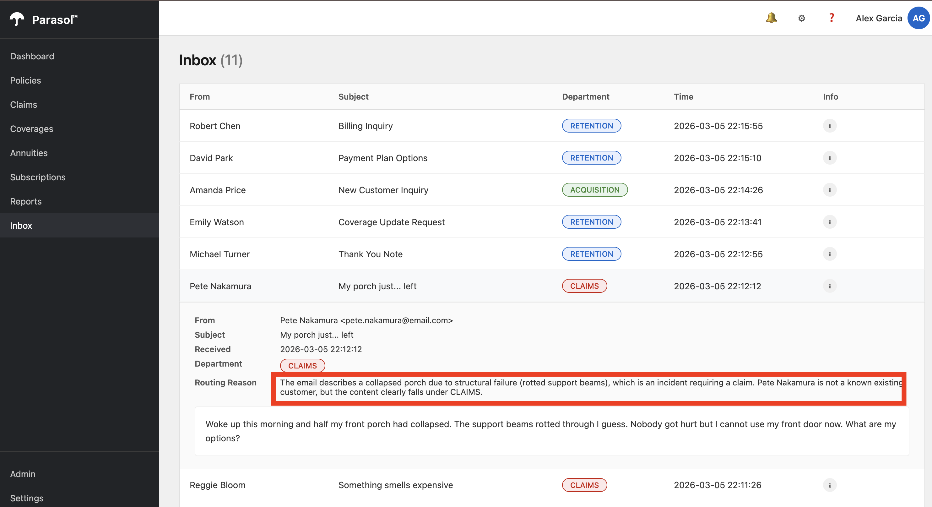 Parasol Insurance Inbox showing AI-classified emails with CLAIMS and RETENTION and ACQUISITION departments and detailed LLM reasoning