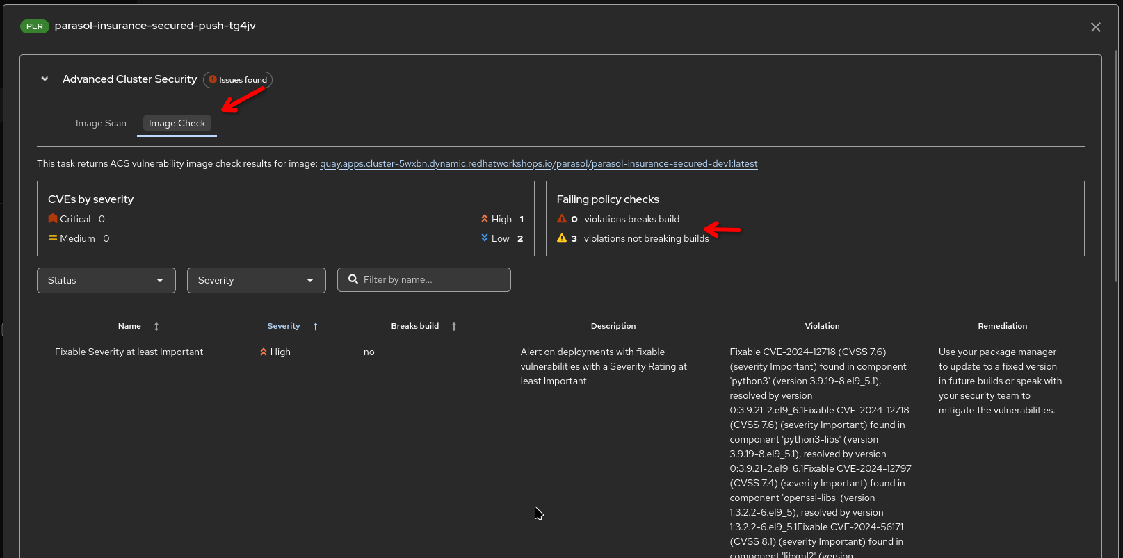 ACS policy check report showing violated policies