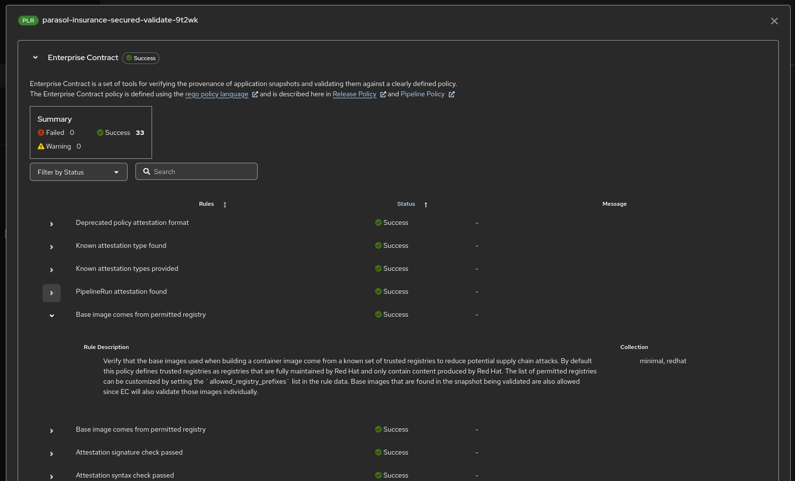 The conforma report showing policy evaluation results