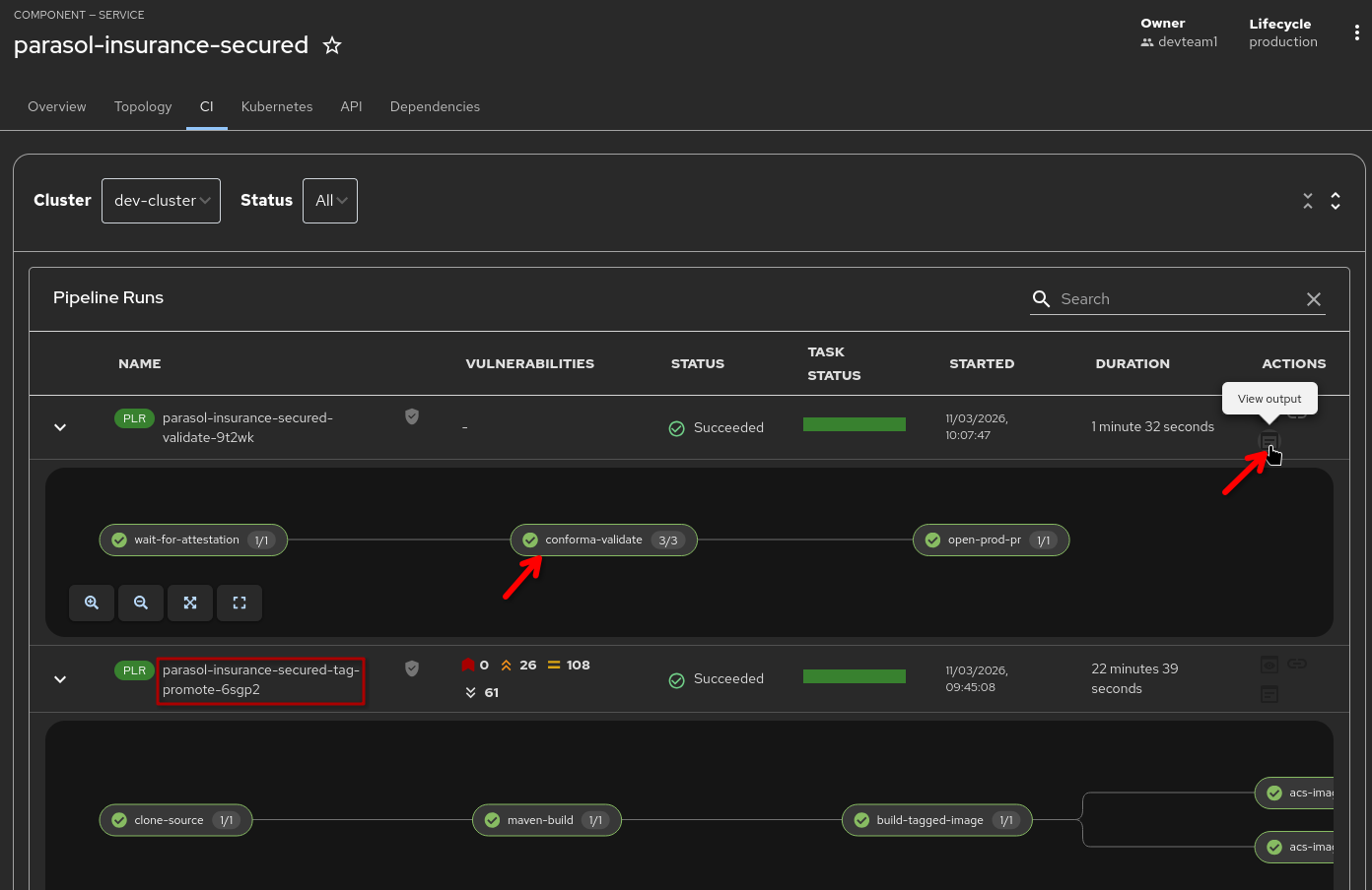 Developer Hub showing tag promote and validation pipeline