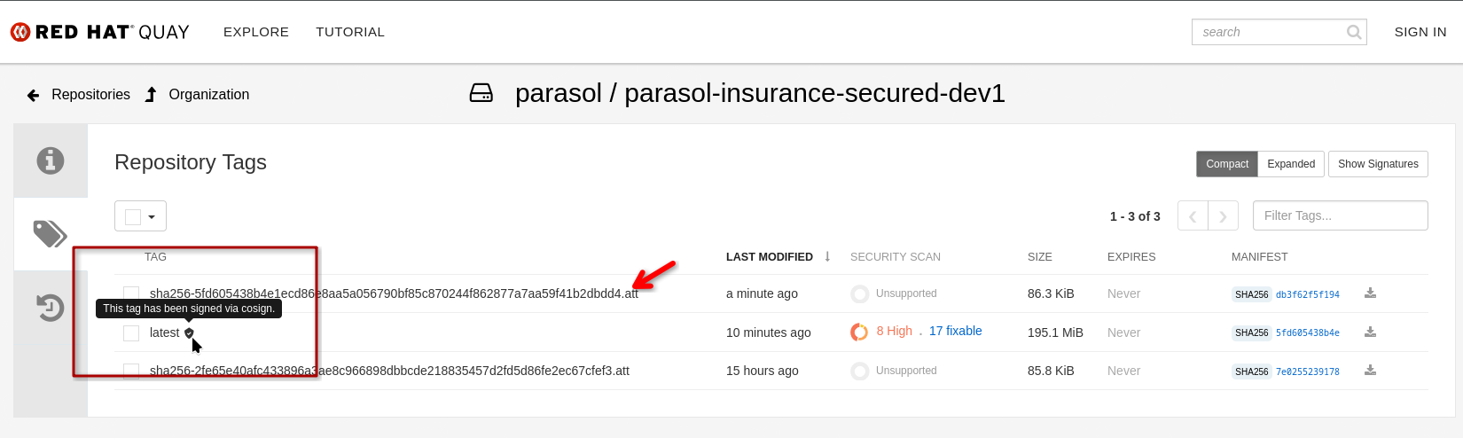 Red Hat Quay showing the image signature and attestation