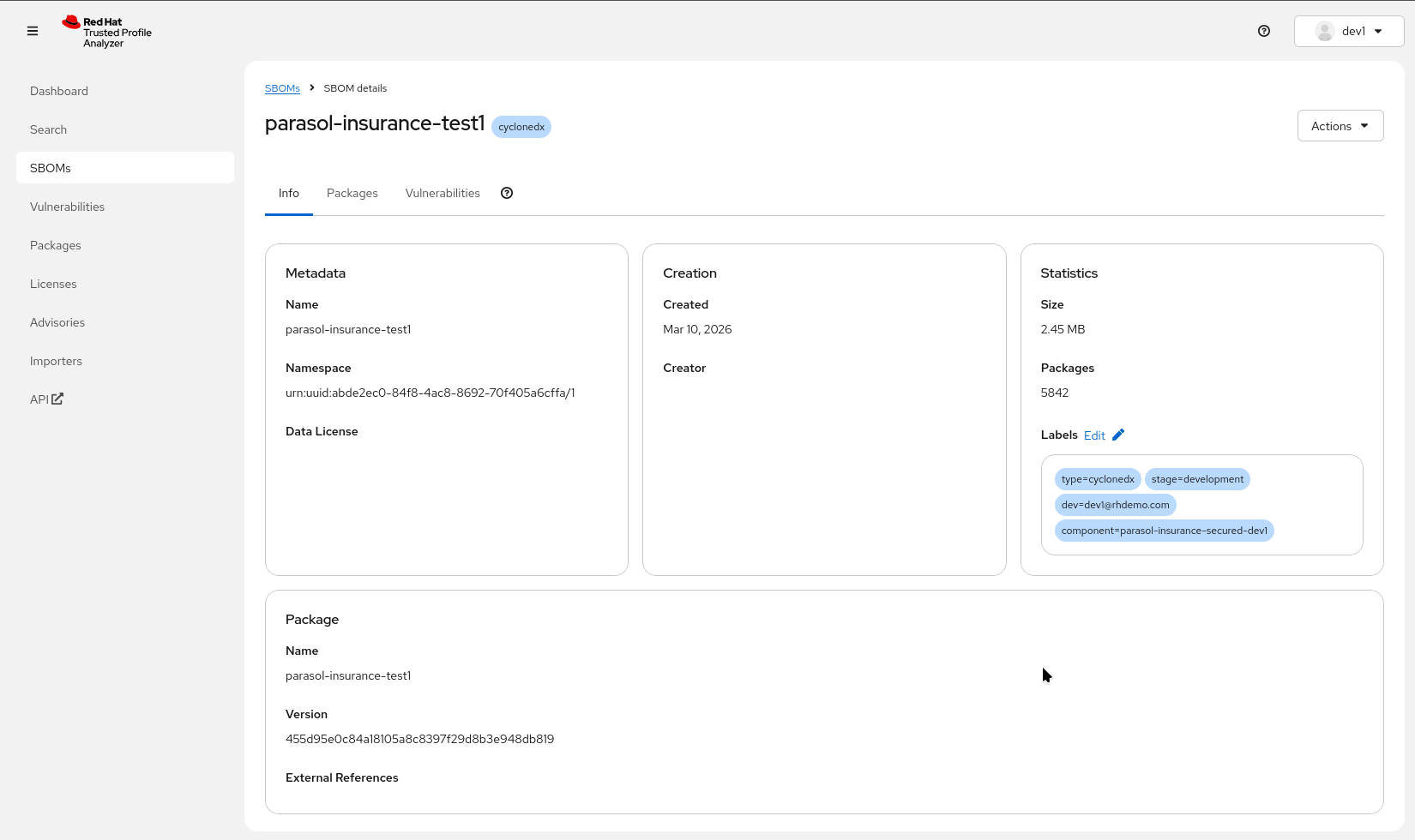 RHTPA detailed SBOM view