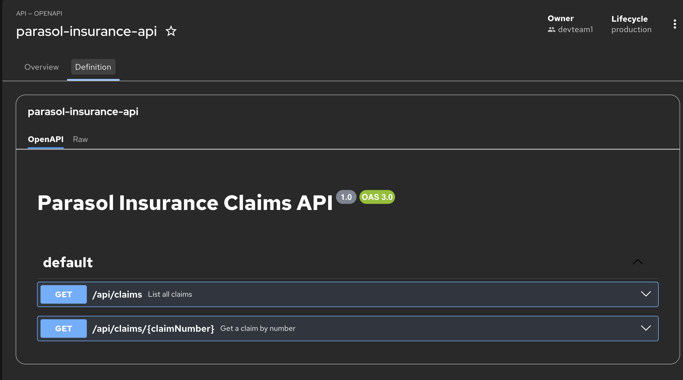 Red Hat Developer Hub catalog showing the Parasol API