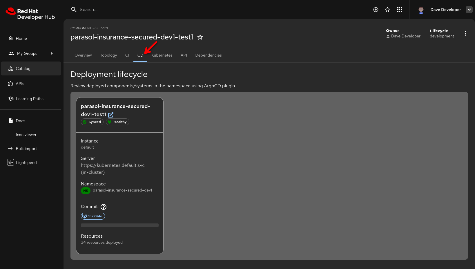 CD Tab shows the healthy status of the deployment in the developer’s namespace