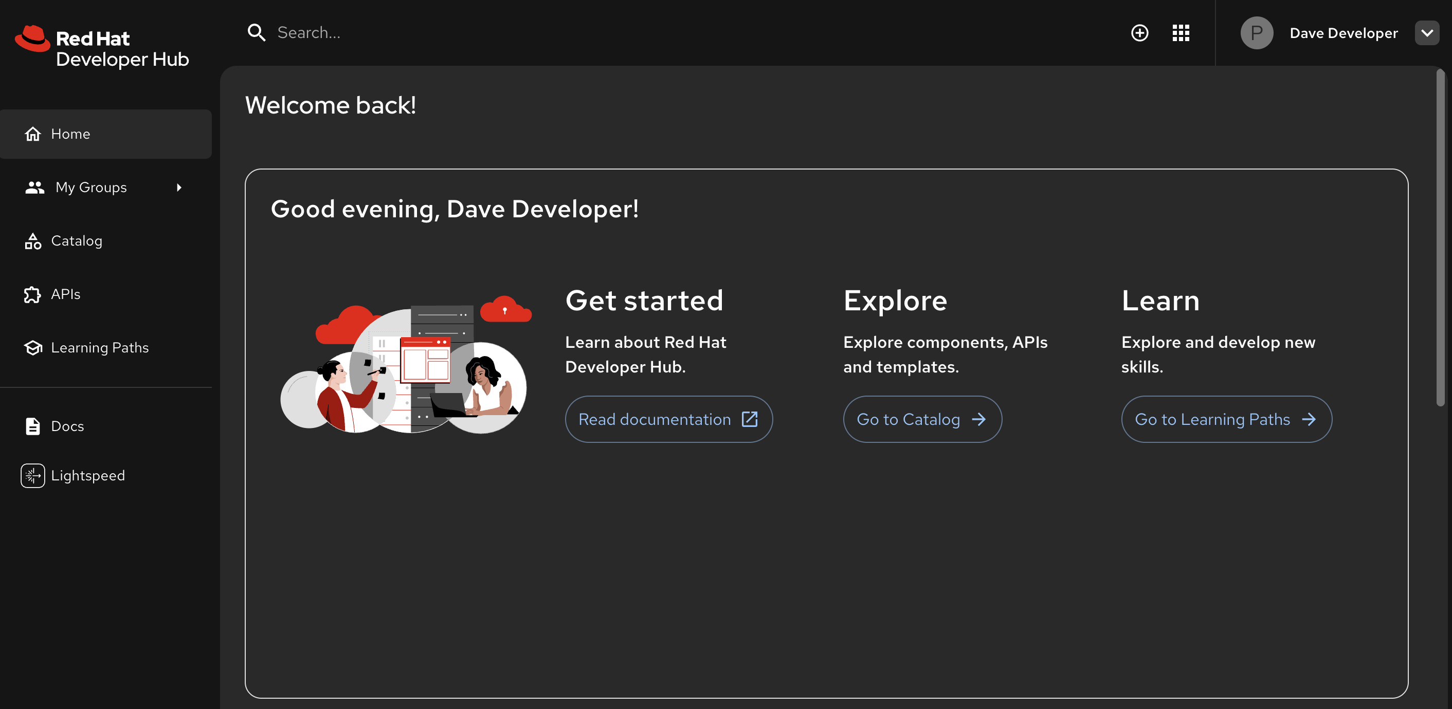 Red Hat Developer Hub home screen showing the left sidebar navigation with Catalog and Lightspeed and other menu items