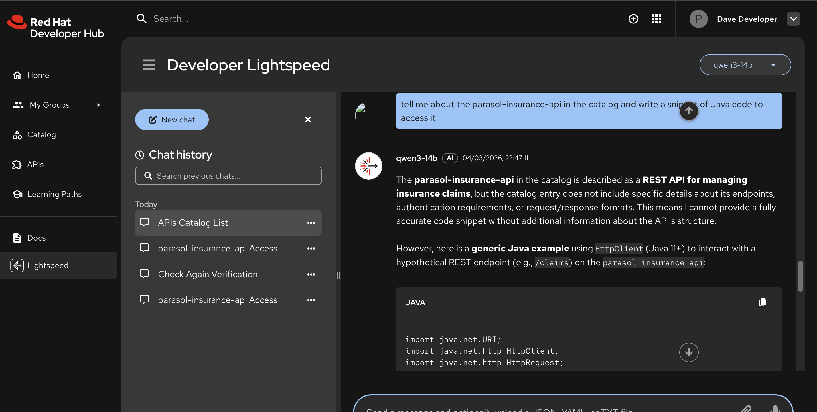 Developer Lightspeed answering a question about the parasol-insurance-api with catalog data and a generated Java code snippet