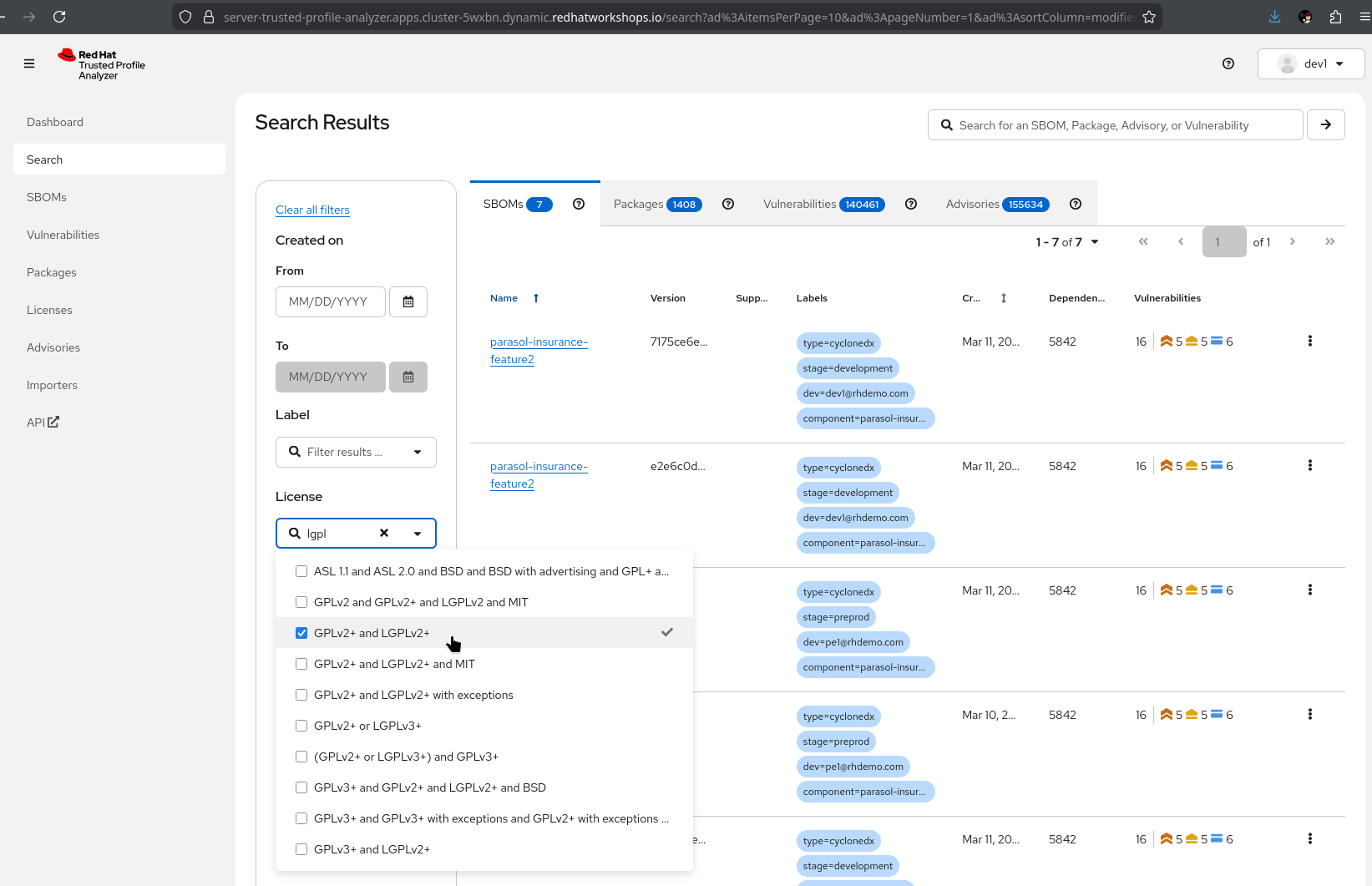 tpa sbom search by license
