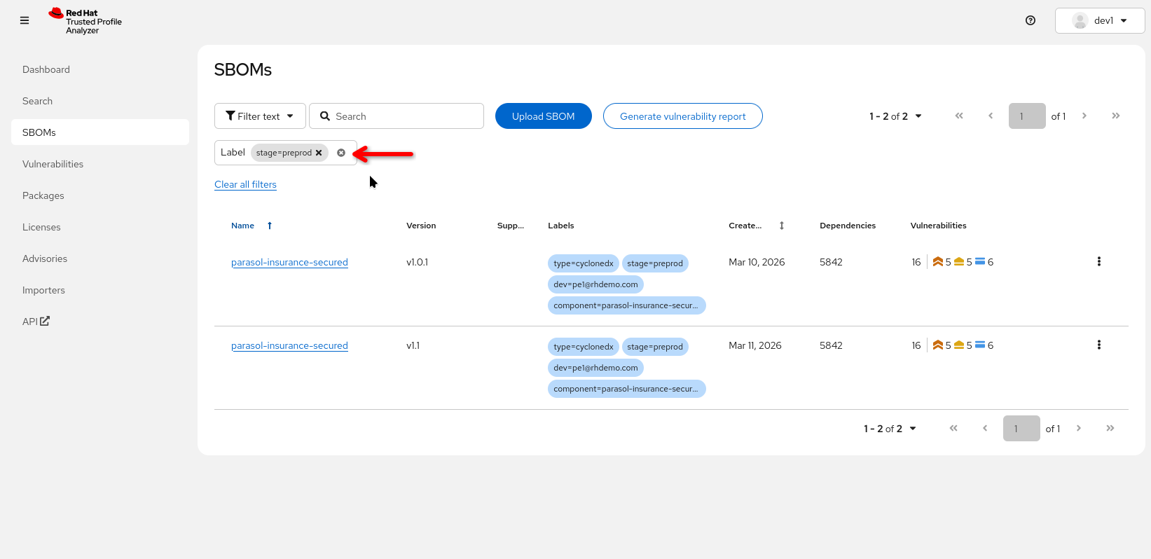 The SBOM View showing filtered by label