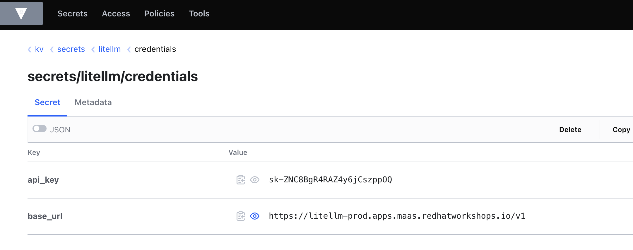 HashiCorp Vault showing secrets organized by application