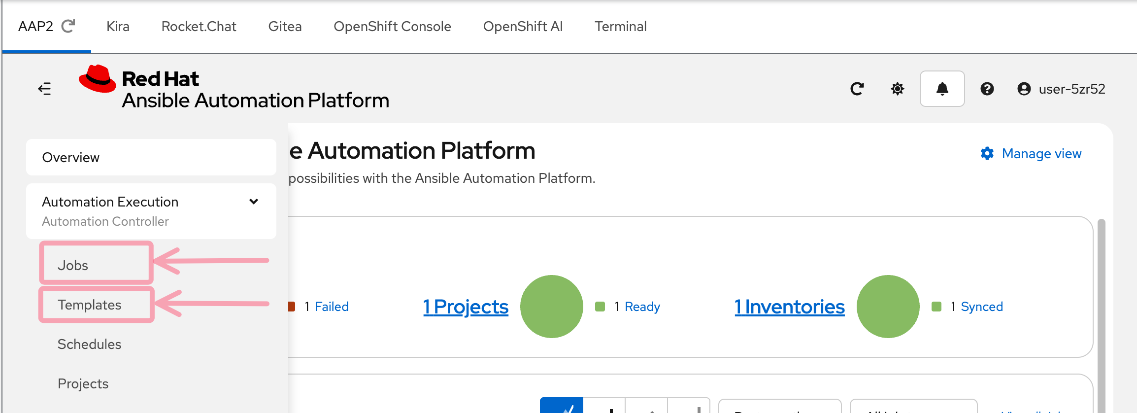 AAP2 sidebar showing Jobs and Templates
