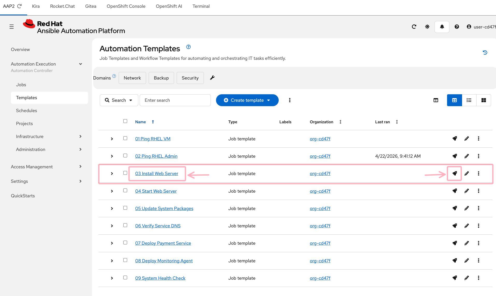 AAP2 templates list with 03 Install Web Server highlighted