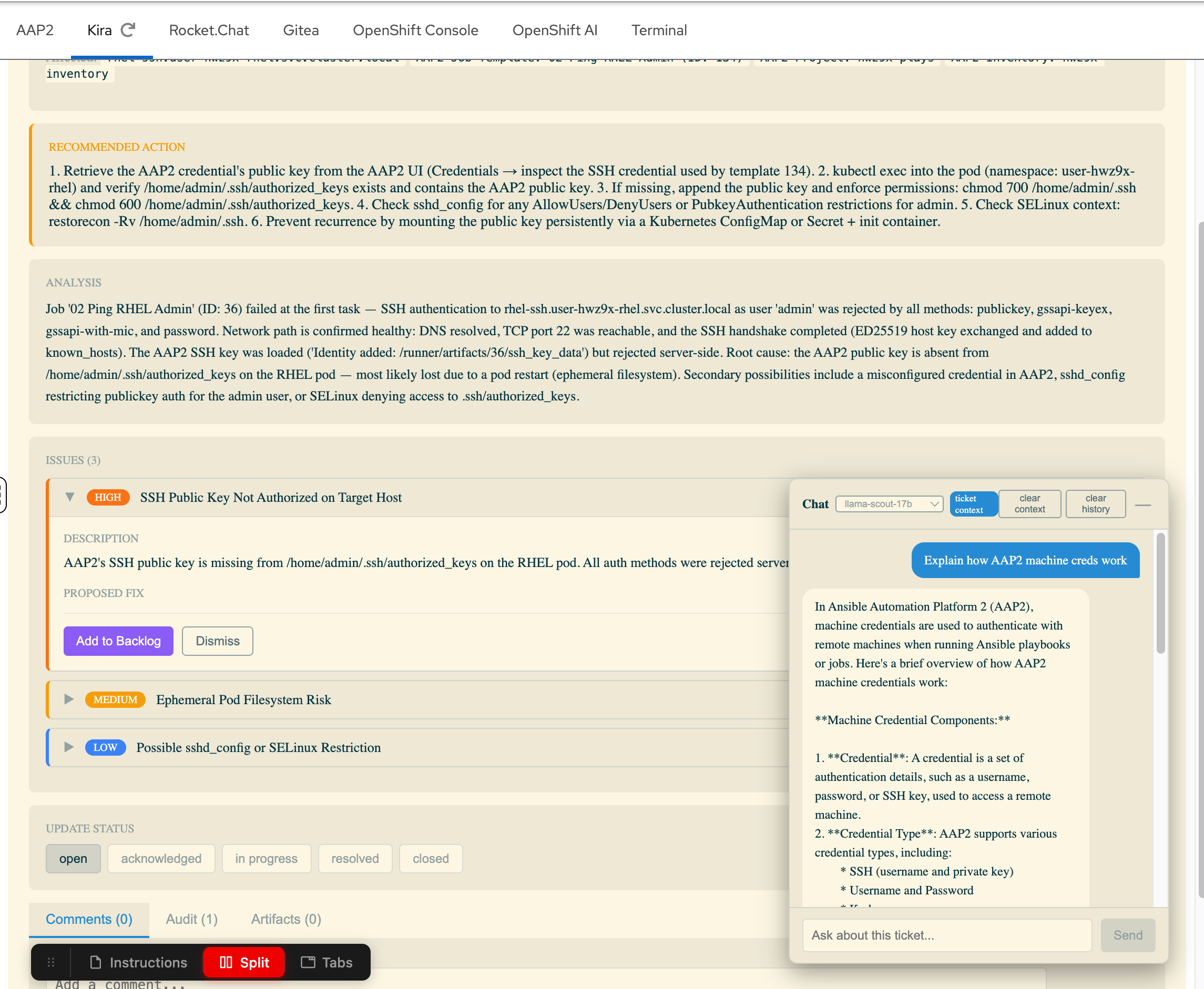 Kira ticket with AI chatbot open