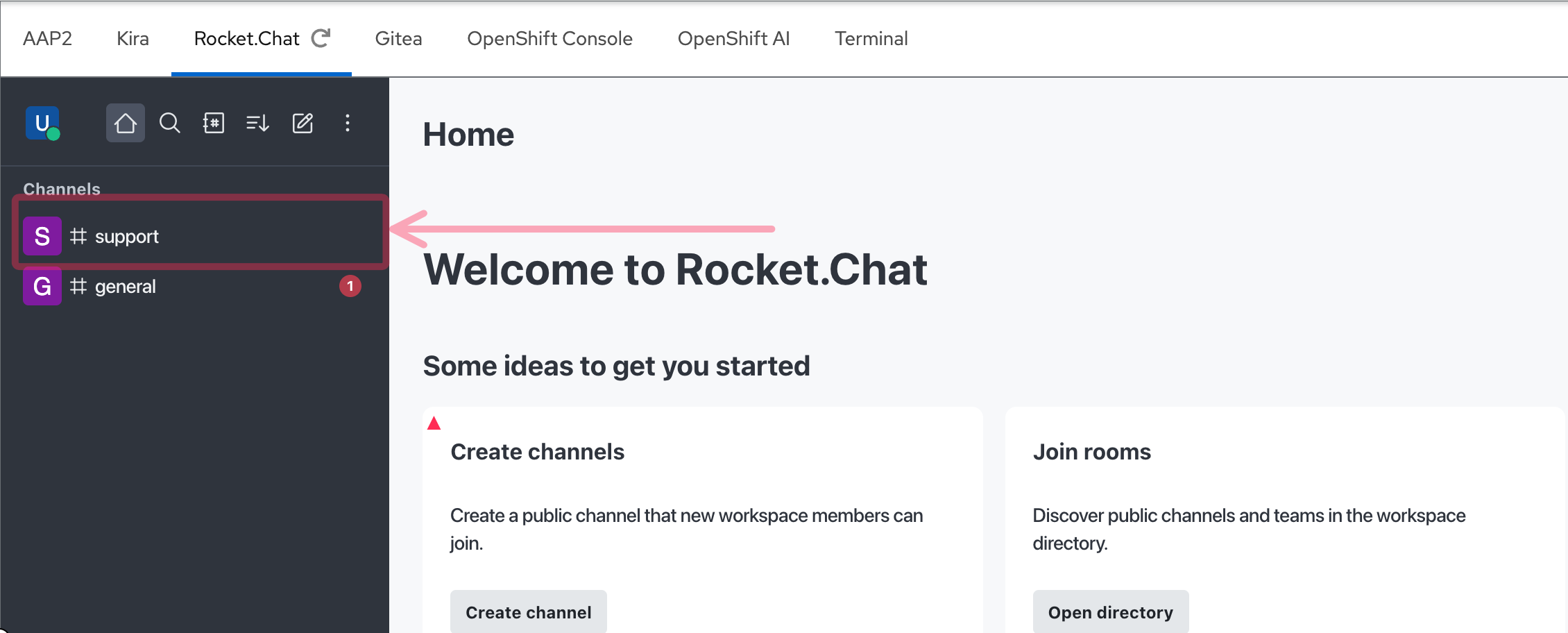 Rocket.Chat showing the #support channel in the sidebar