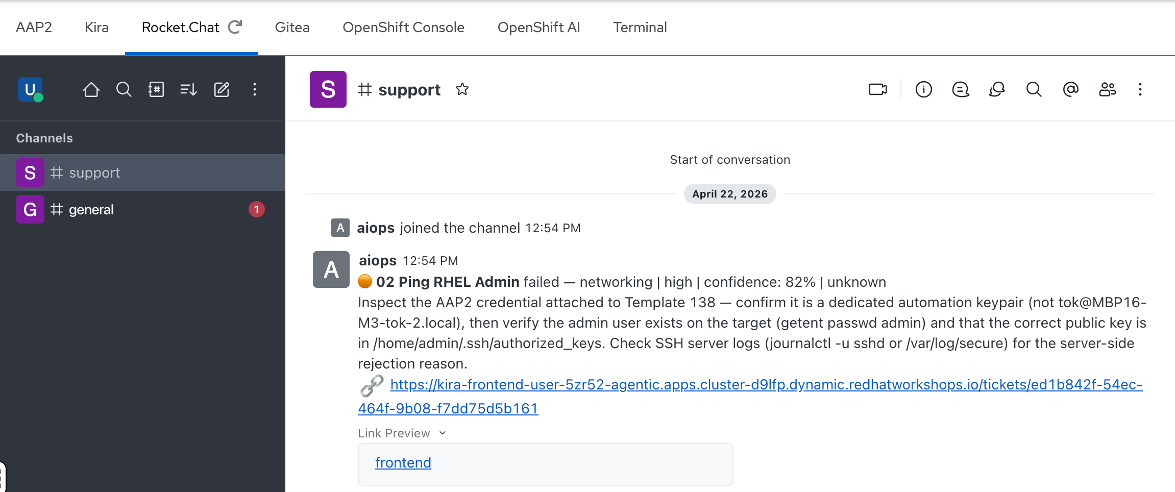 Rocket.Chat #support channel with AI-generated notification