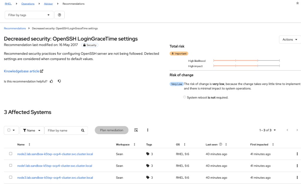 Advisor OpenSSH LoginGraceTime recommendation