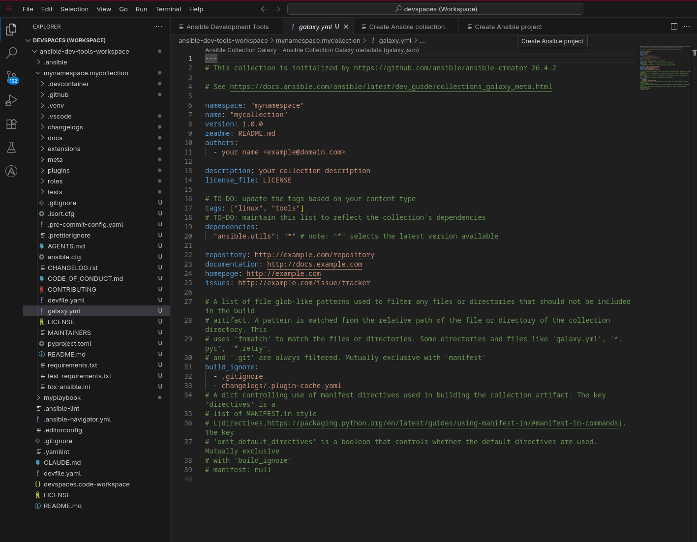 Collection galaxy.yml file open in VS Code showing metadata and scaffolded files