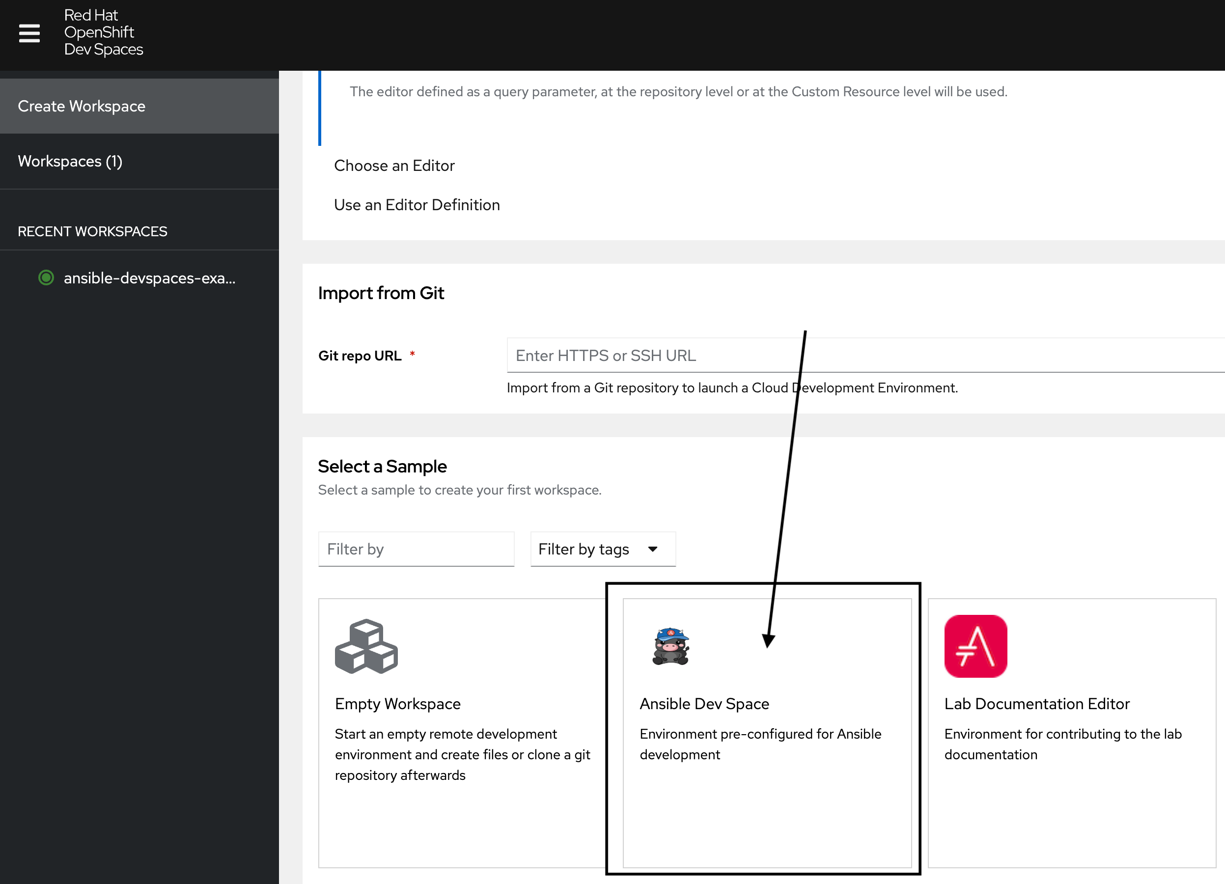 Dev Spaces workspace selection page showing available workspaces including Ansible Dev Space