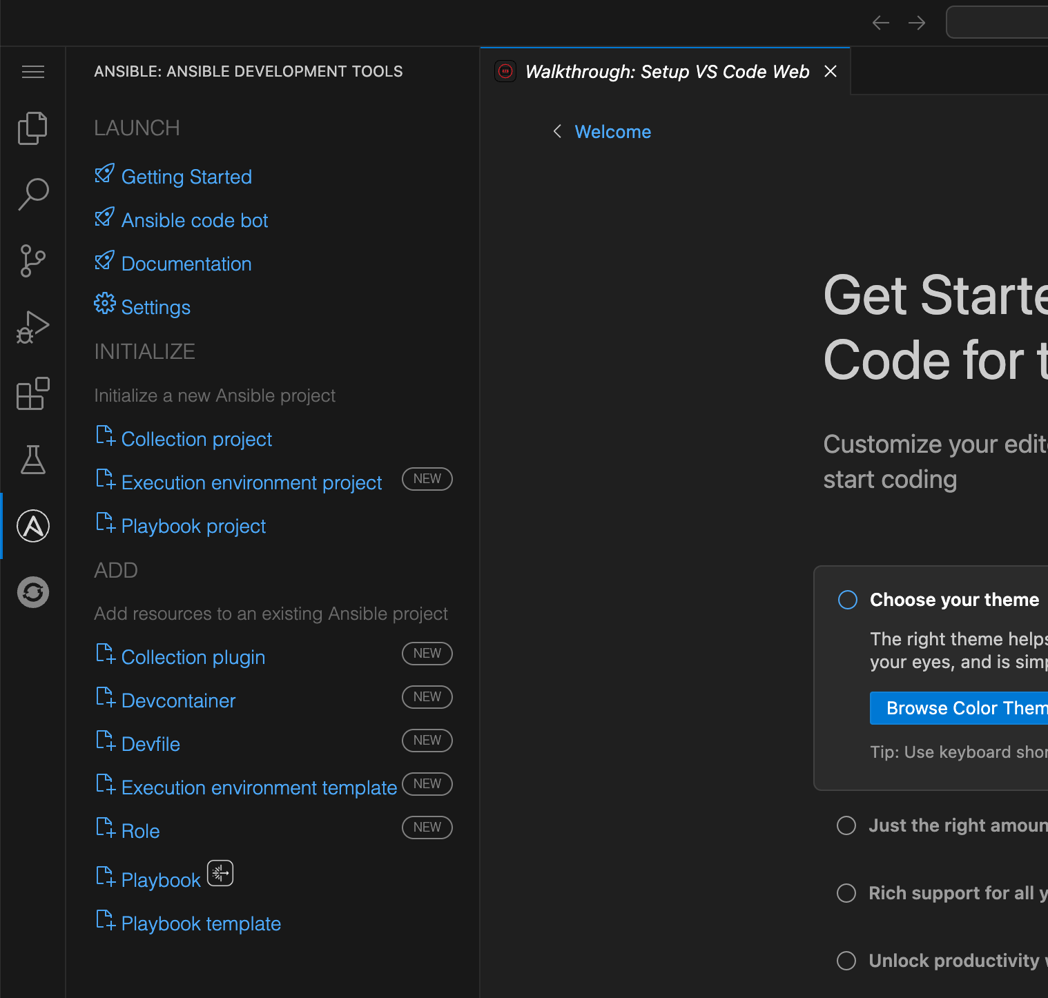 Ansible extension interface in VS Code showing available Ansible development tools