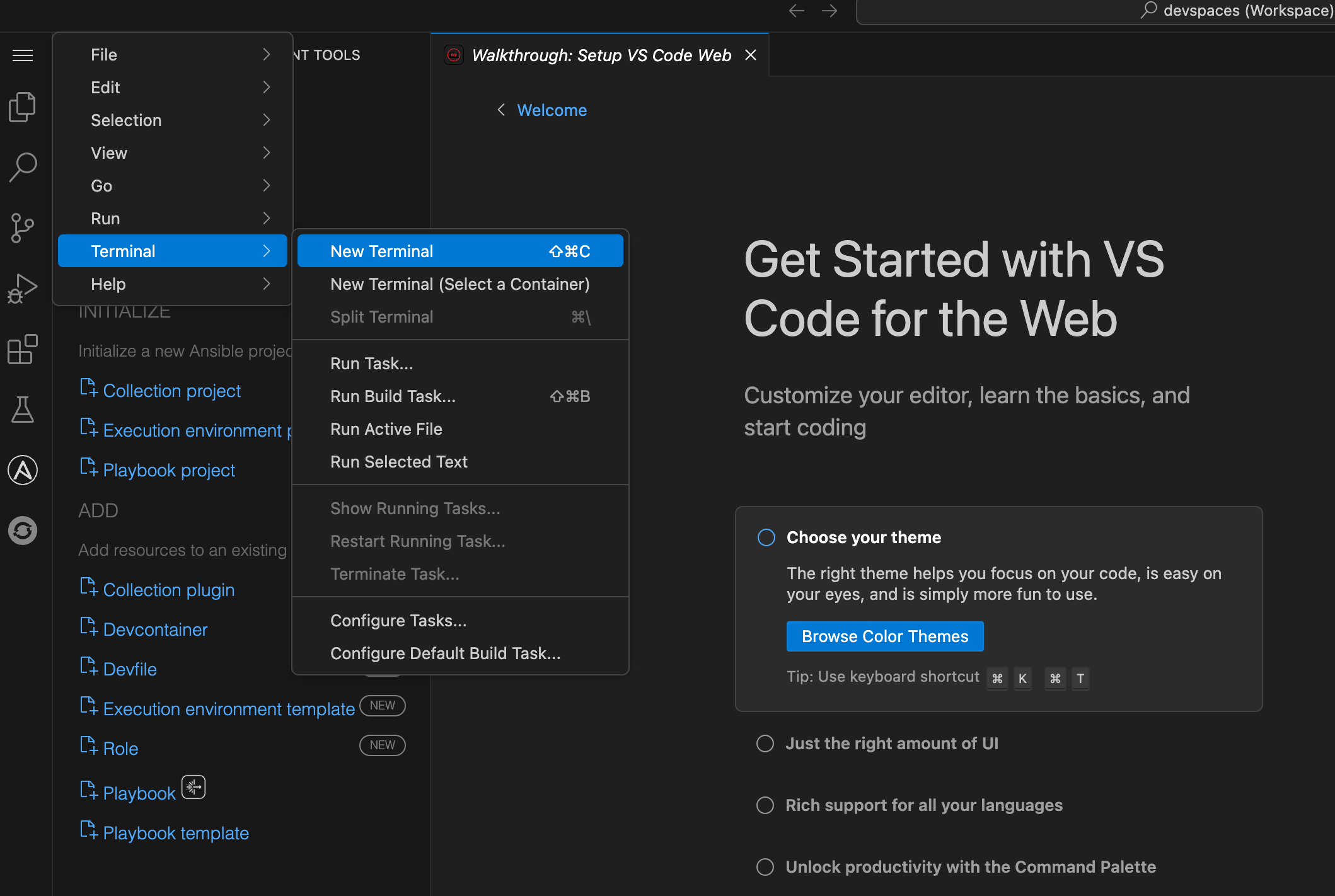 VS Code terminal interface showing basic command line operations in the Dev Spaces environment