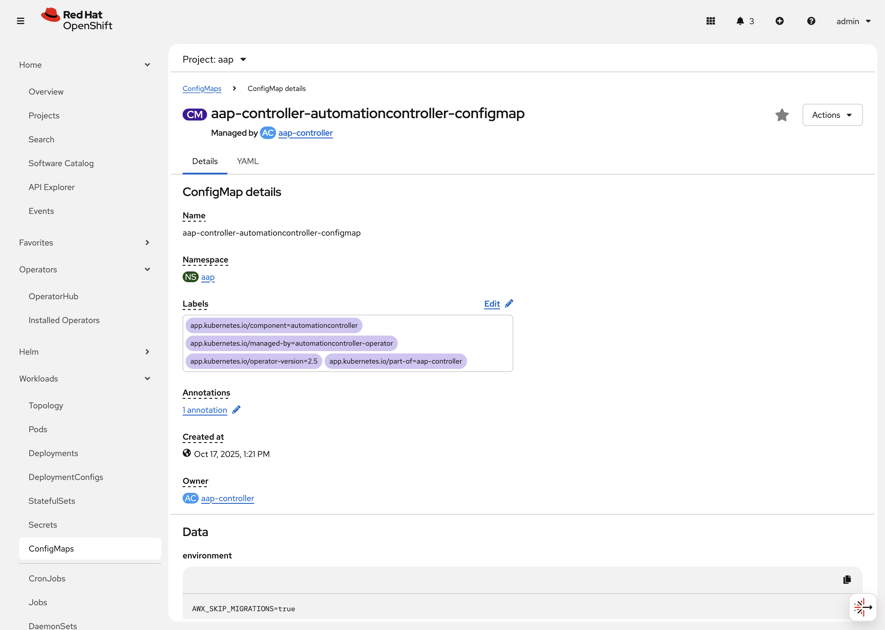 AAP ConfigMap Details