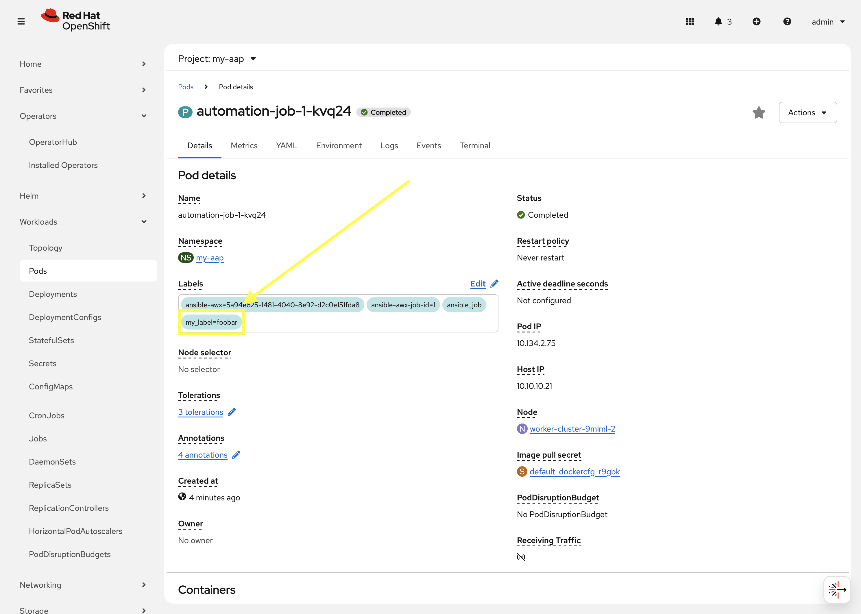 AAP Container Group Pod Labels