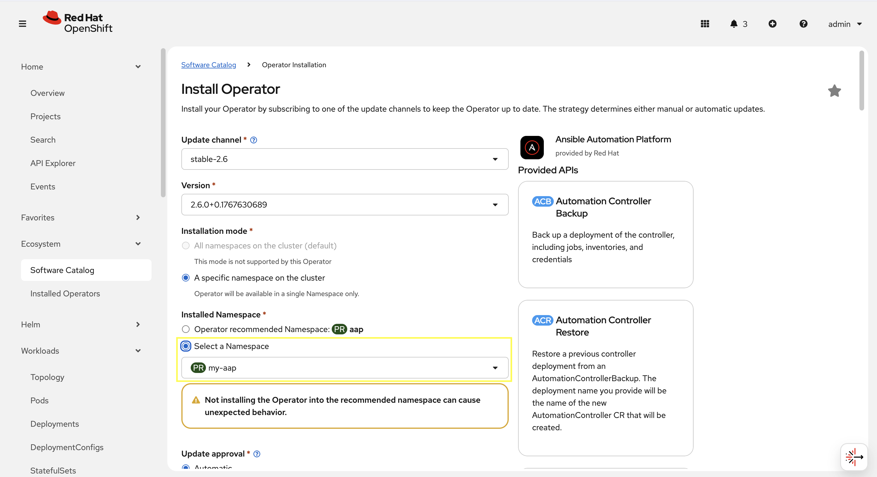 AAP Operator Install - Namespace Selection