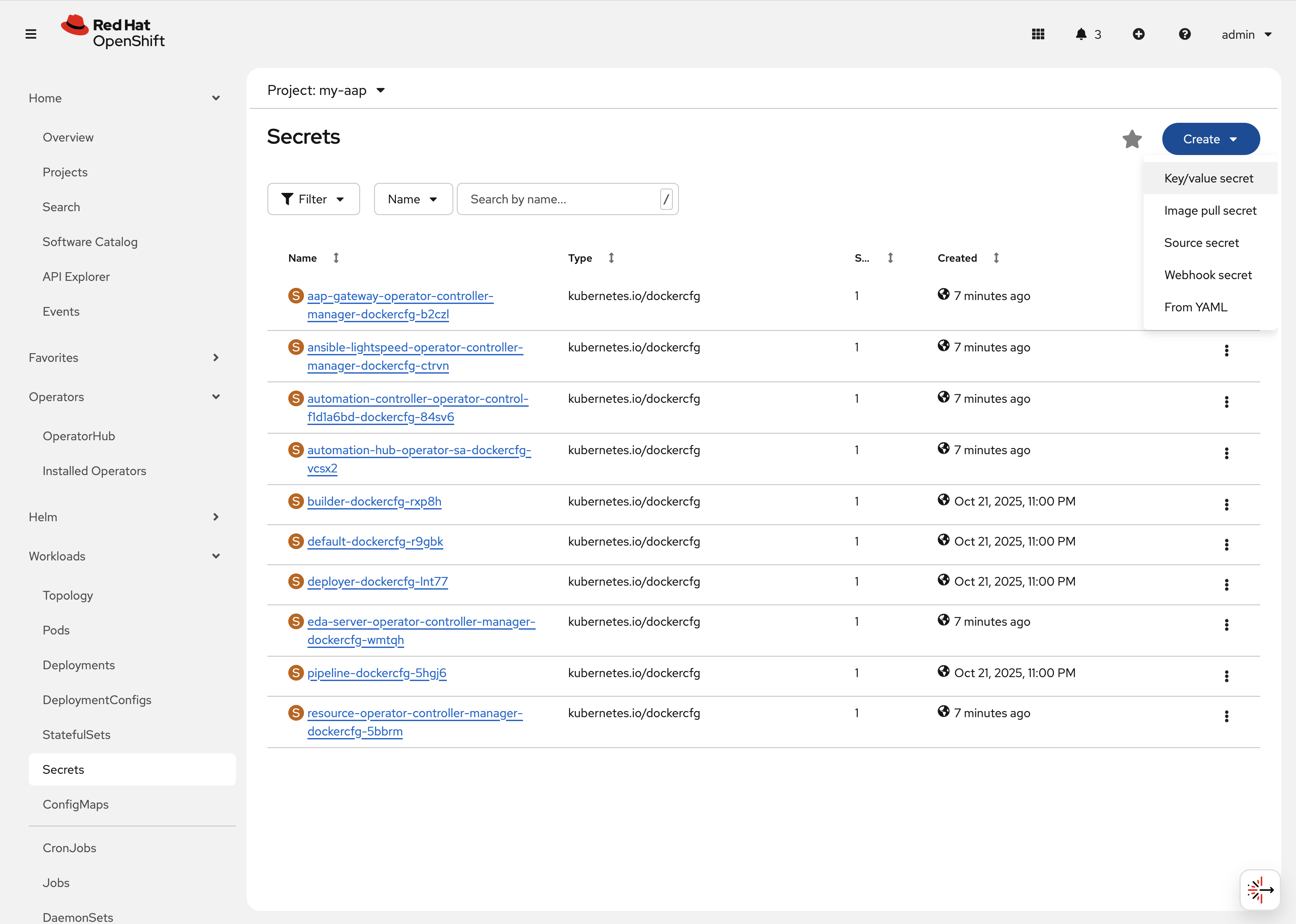 AAP Operator Secret Type Selection