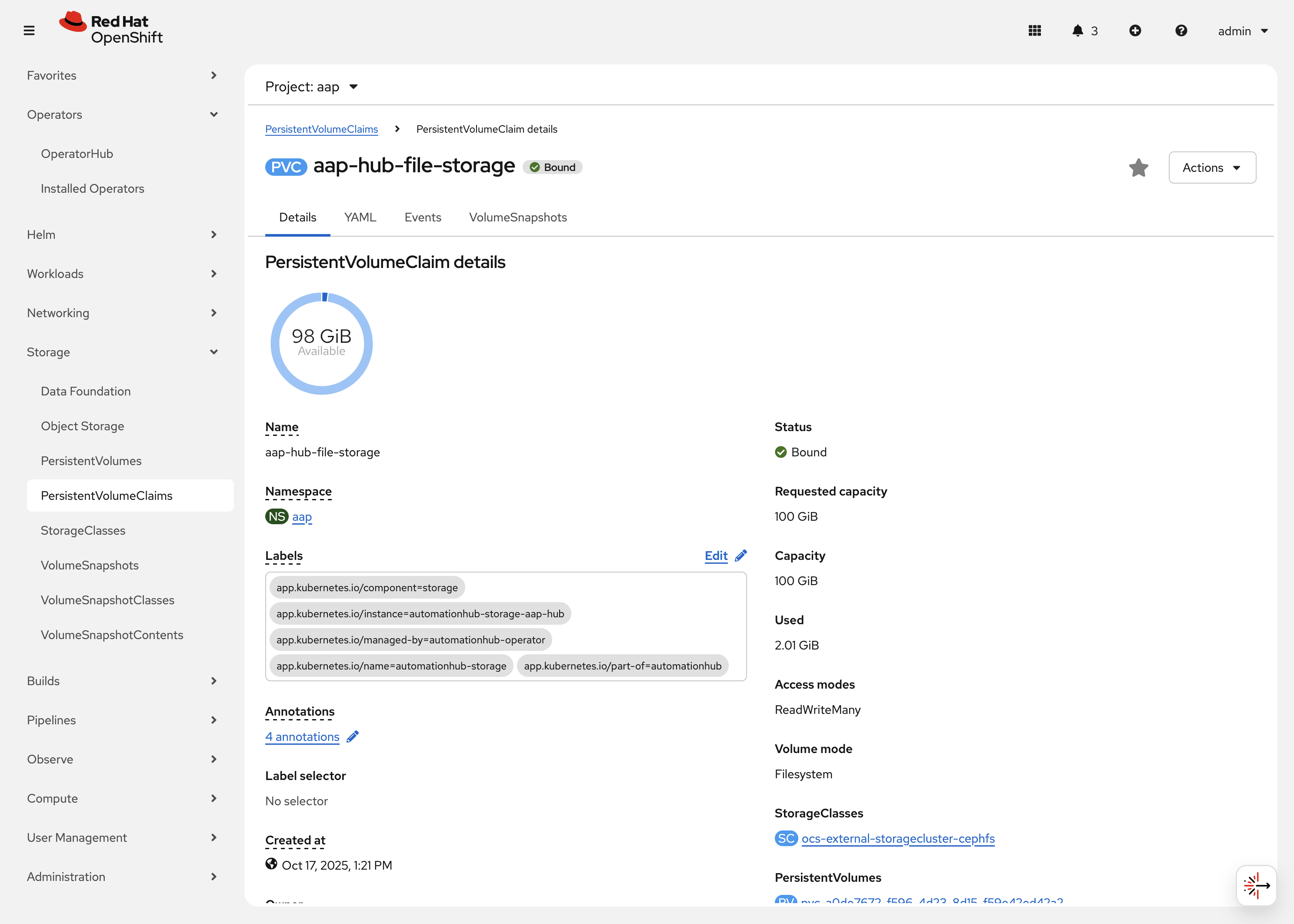 AAP Persistent Volume Claim Details