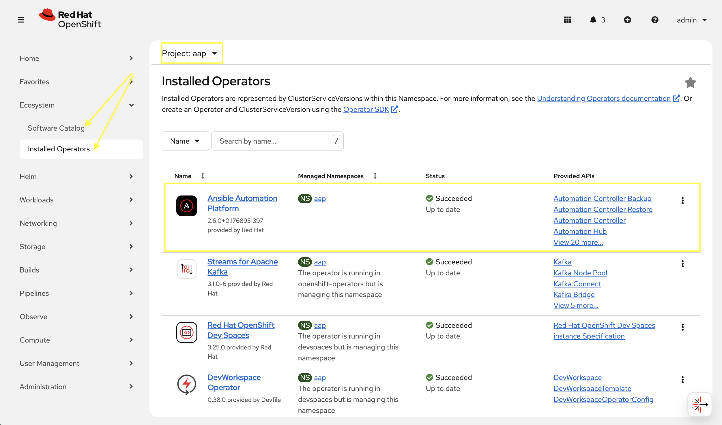 Installed Operators in the AAP Project