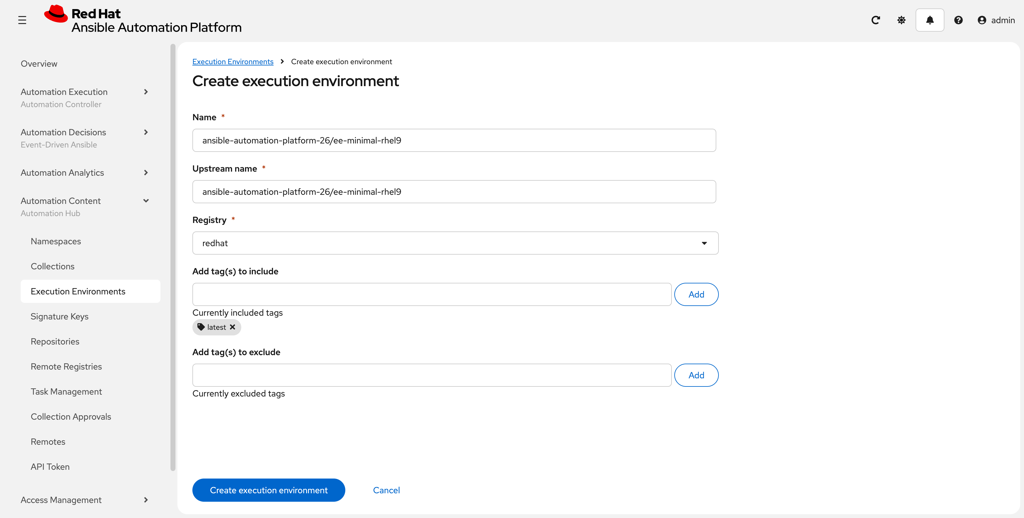 Create Execution Environments Form