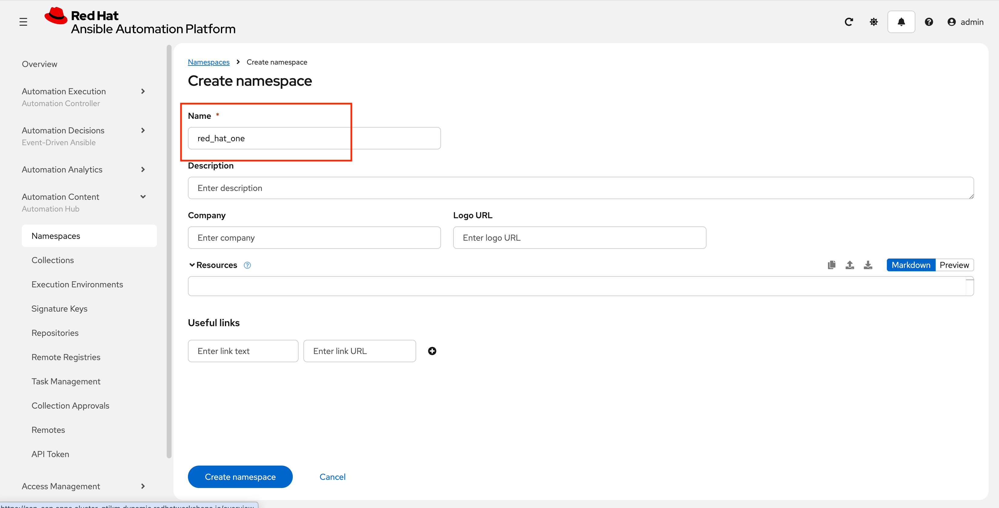 Namespace creation form