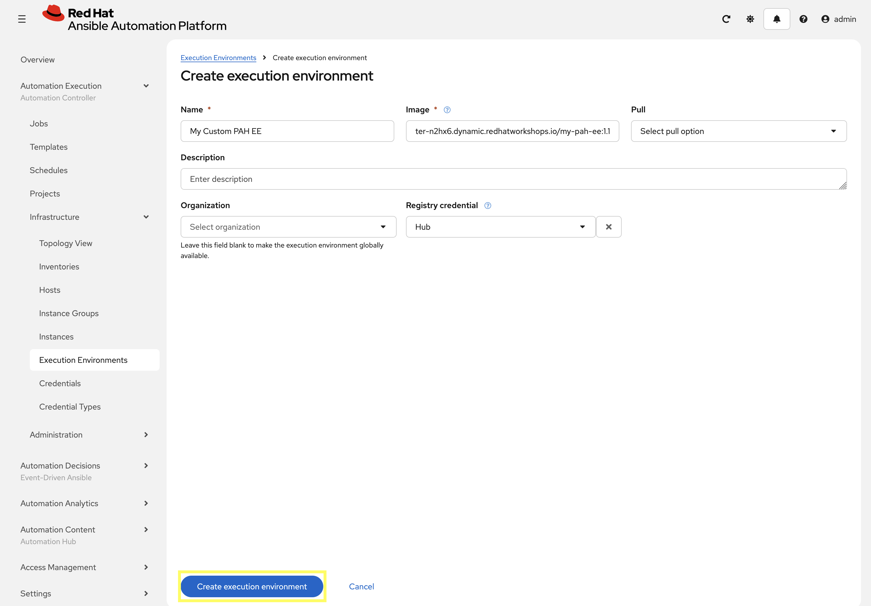 Create Execution Environment Dialog