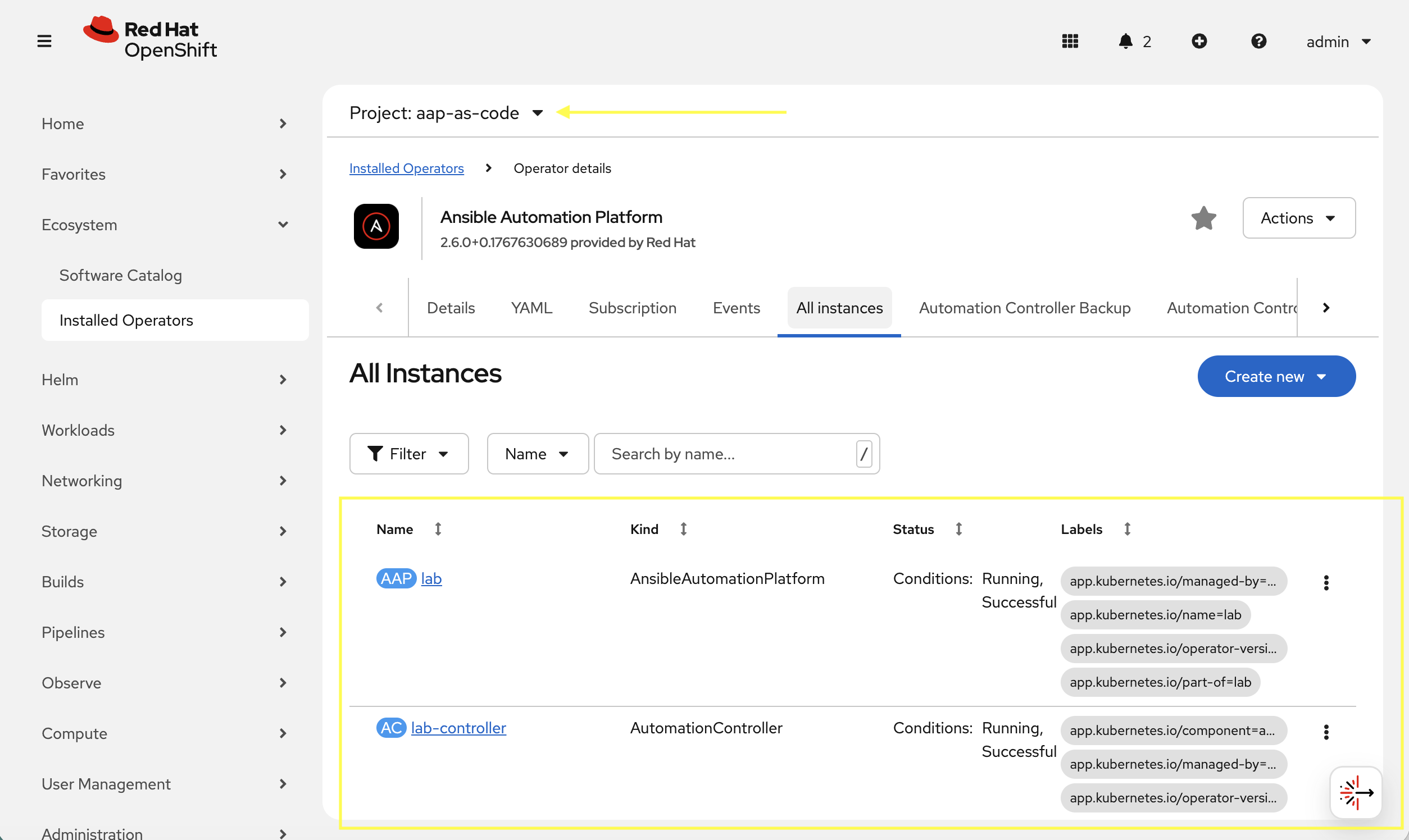 Installed Operators in the AAP Project